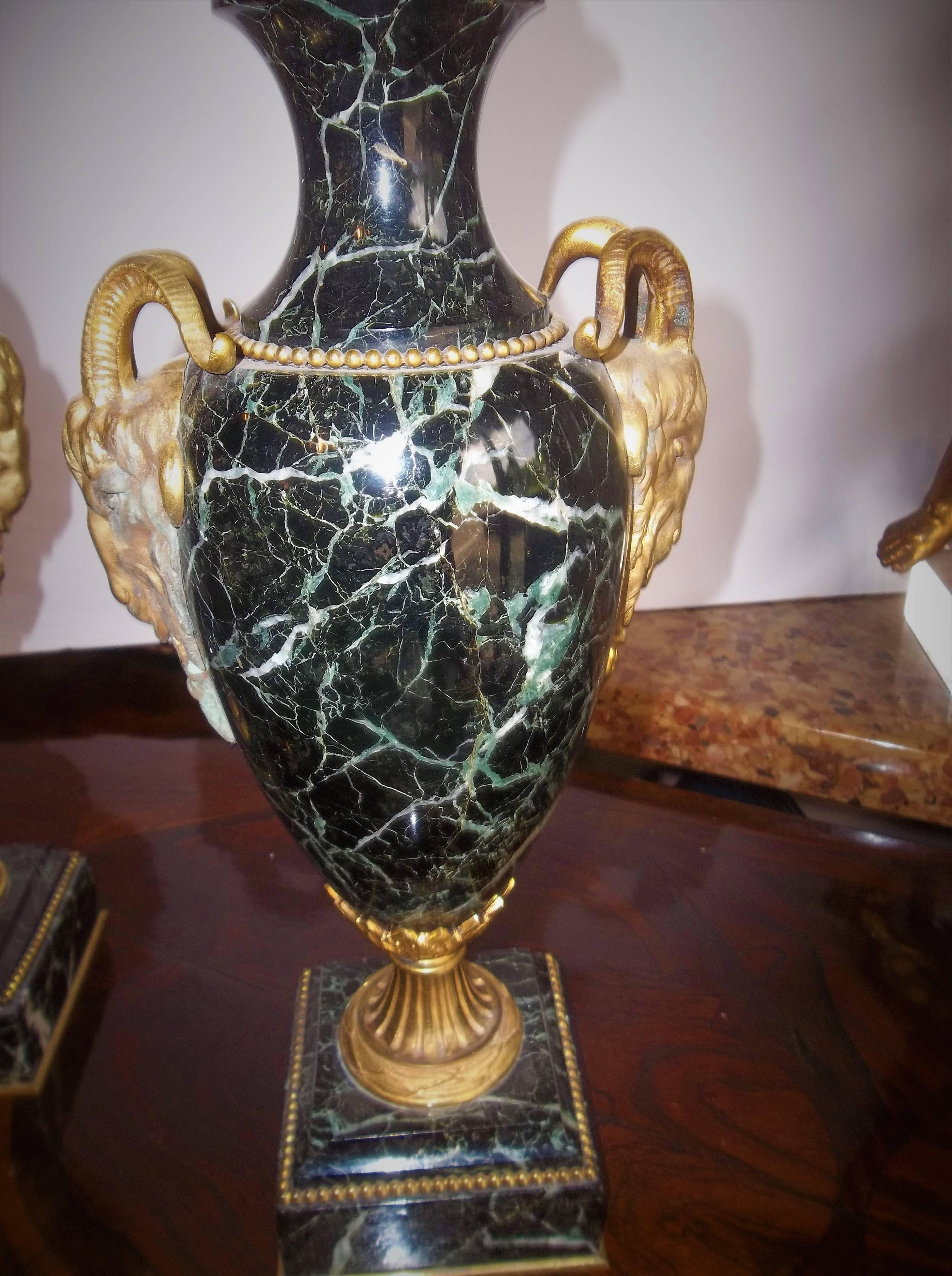 Louis XVI Pair of Verdi Antico 'Green' Marble Urns or Cassolette Garnitures