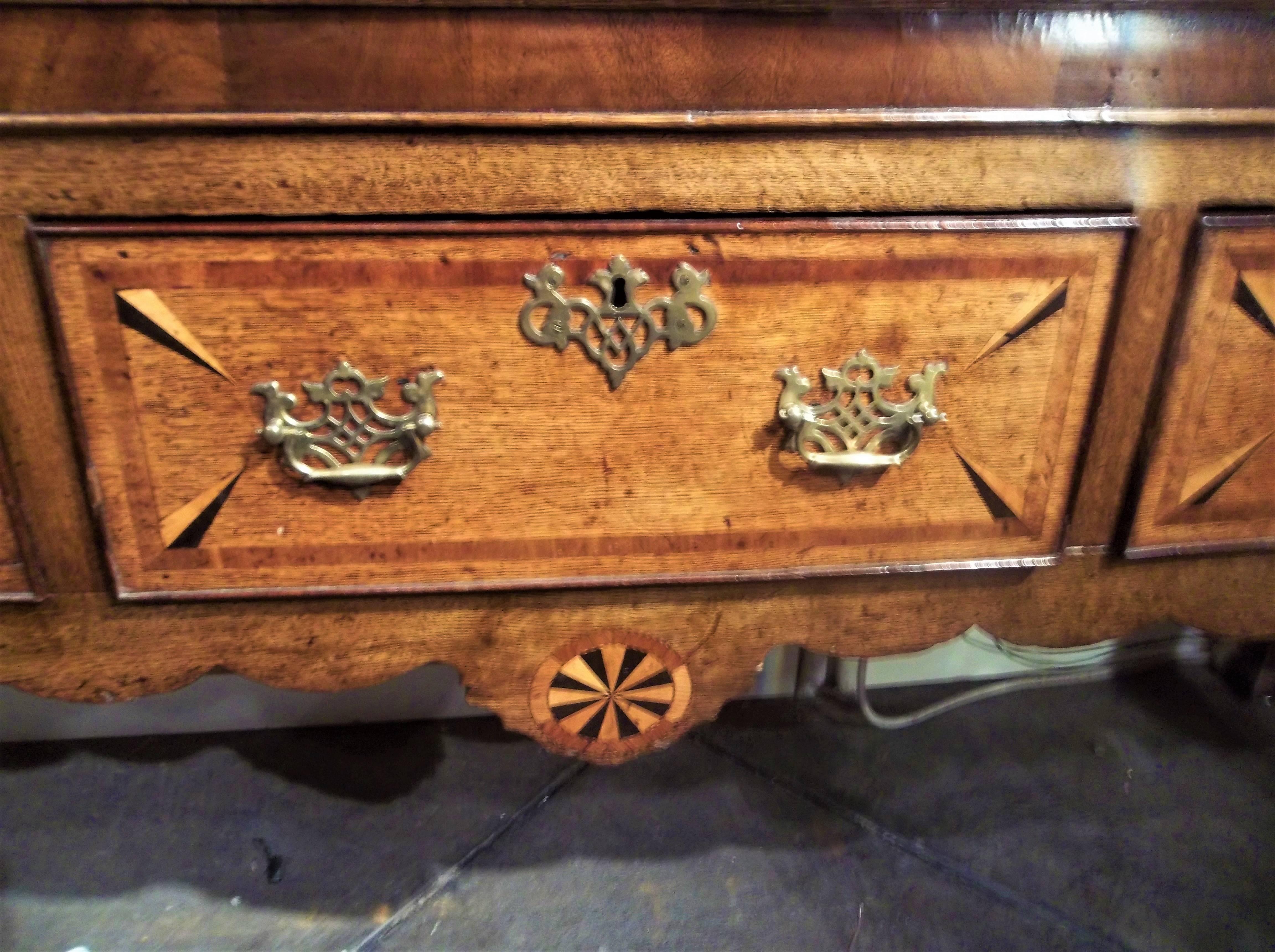 Georgian Welsh or English Inlaid Oak Dresser Base Sideboard With Mahogany Banding 