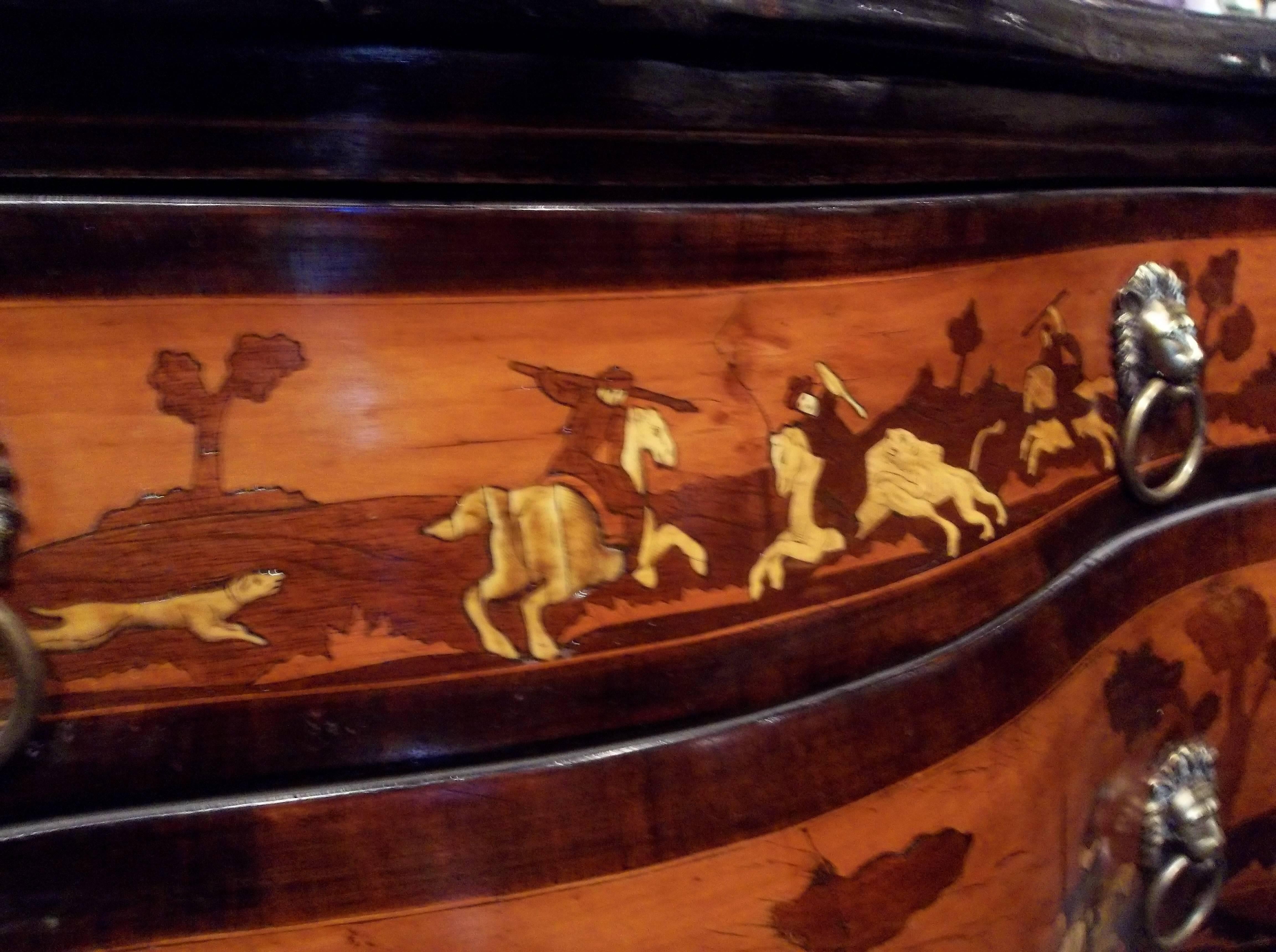 Austrian Marquetry and Bone Inlaid Walnut Bombe' Commode
