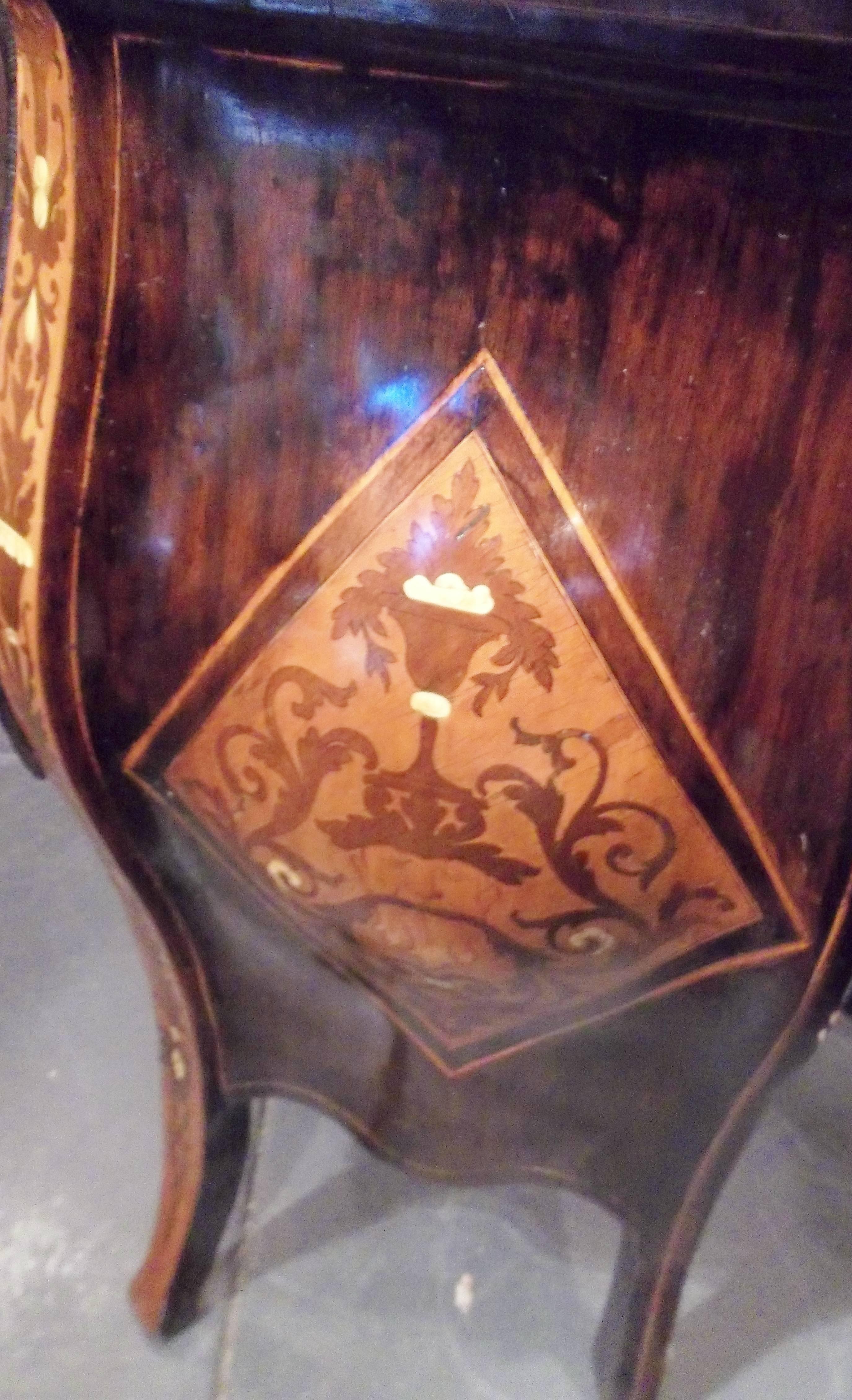 20th Century Marquetry and Bone Inlaid Walnut Bombe' Commode