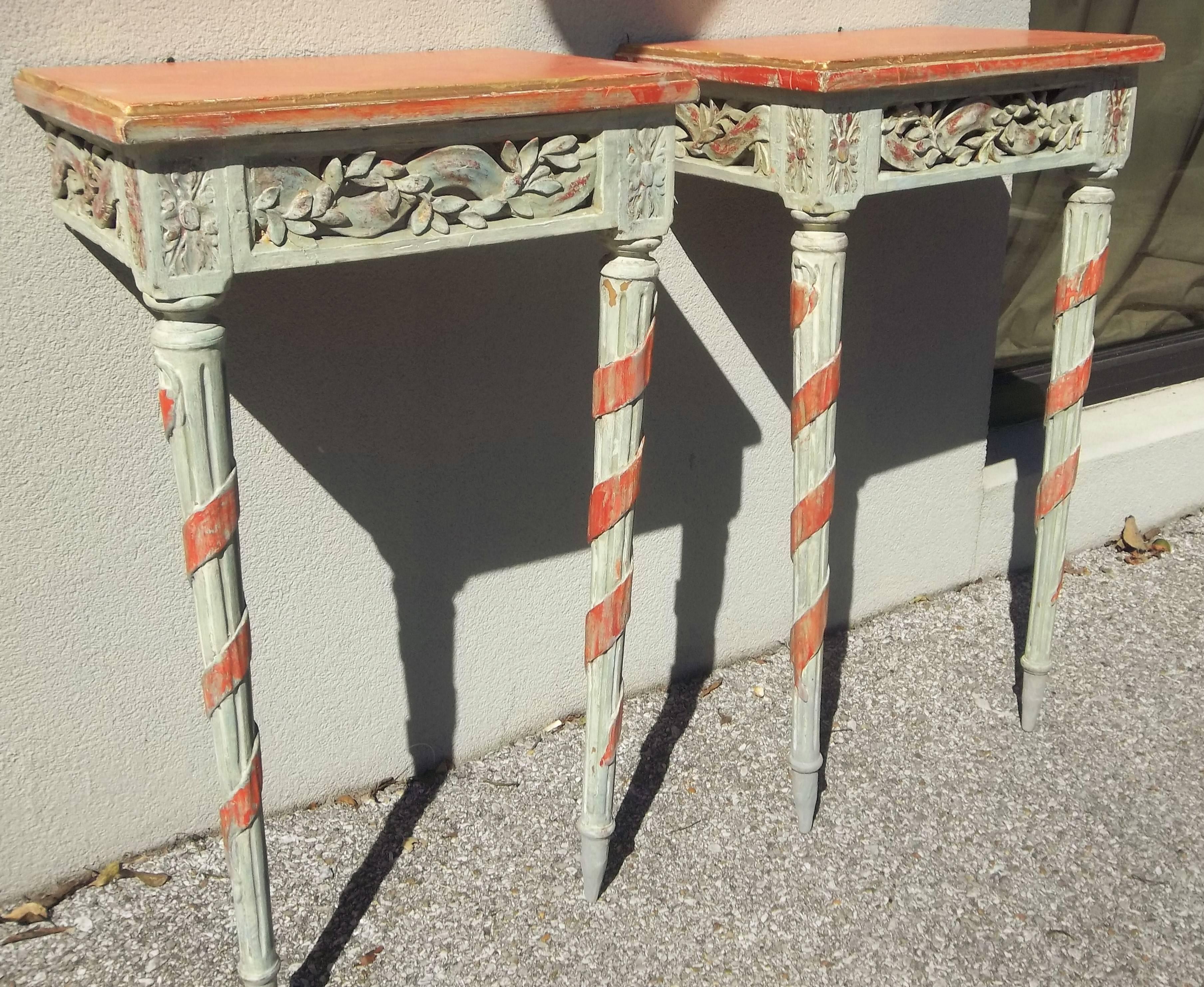 All carved wood and probably originally giltwood with a marble top.Traces of original gilt bleeding through the green - gray paint as well as original red bole . Peg construction and hand saw marks indicate early 19th century circa 1820-1830 and