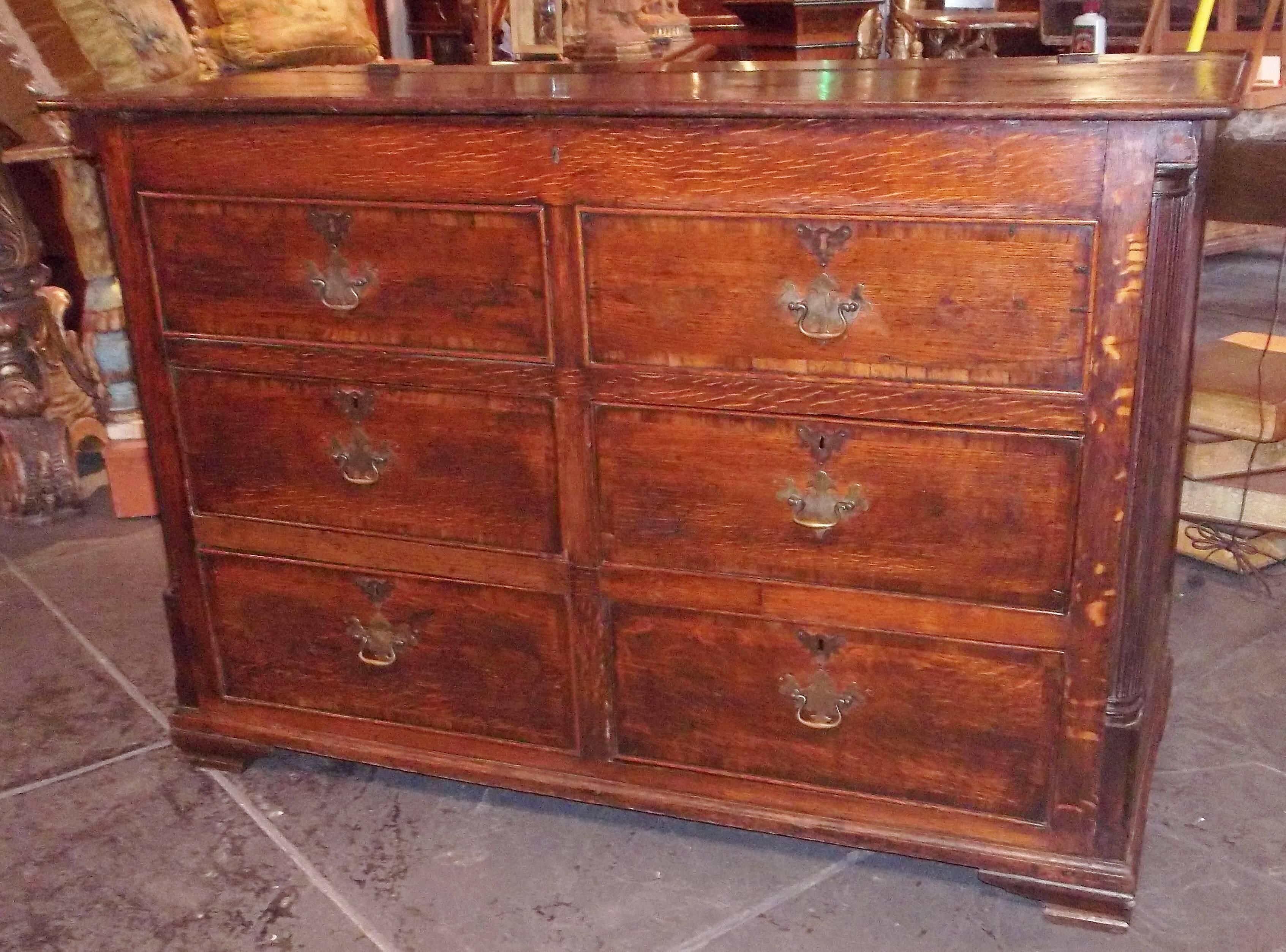 Around the top and around each drawer. The ends coffered and with fluted columnettes, the whole on bracket feet, George II, circa 1780. The drawers with hand cut dovetailing. The hardware antique but probably replacement. No key . Nice mellow color