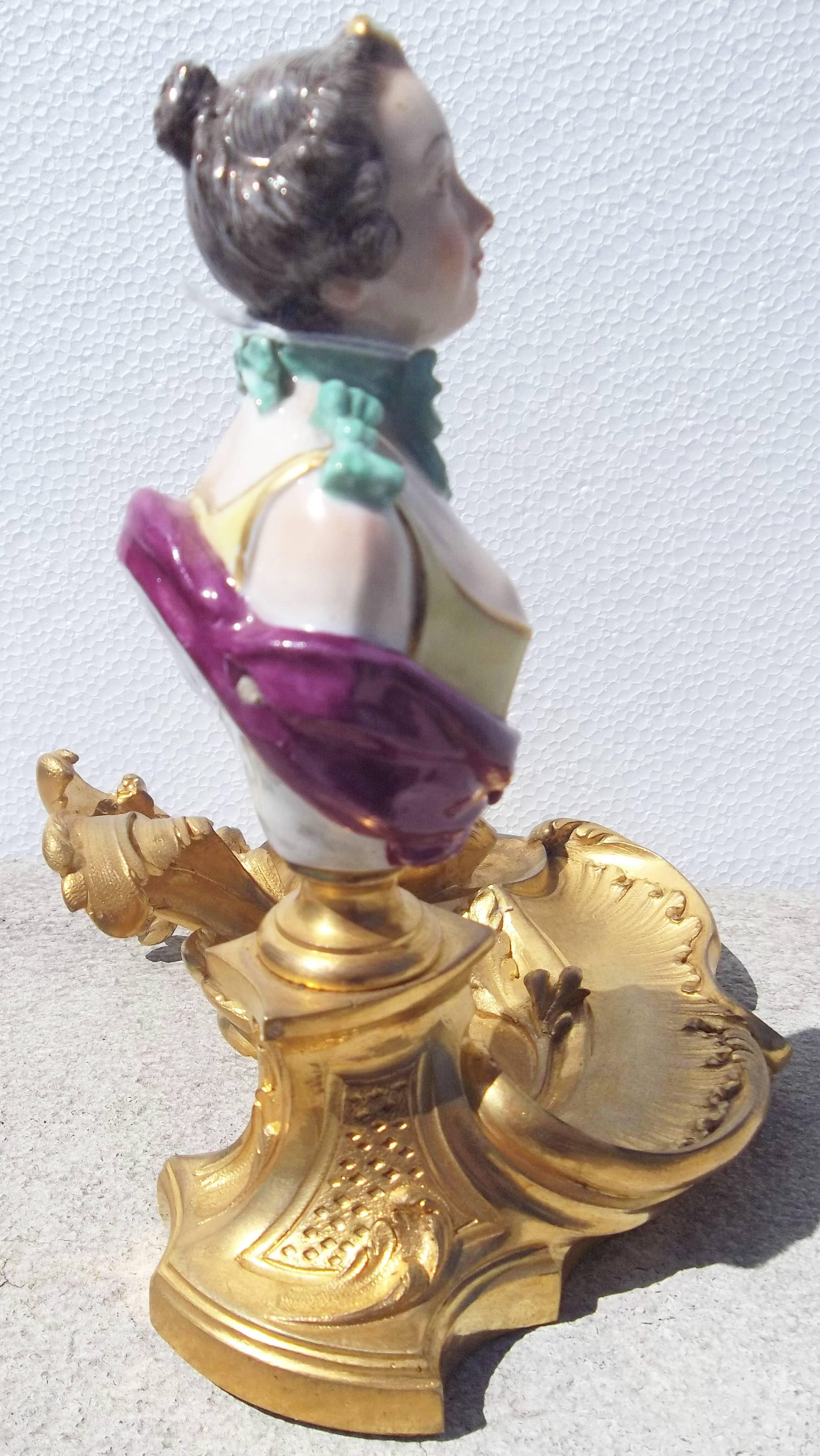 French Rococo Style Gilt Bronze Inkwell with Porcelain Bust