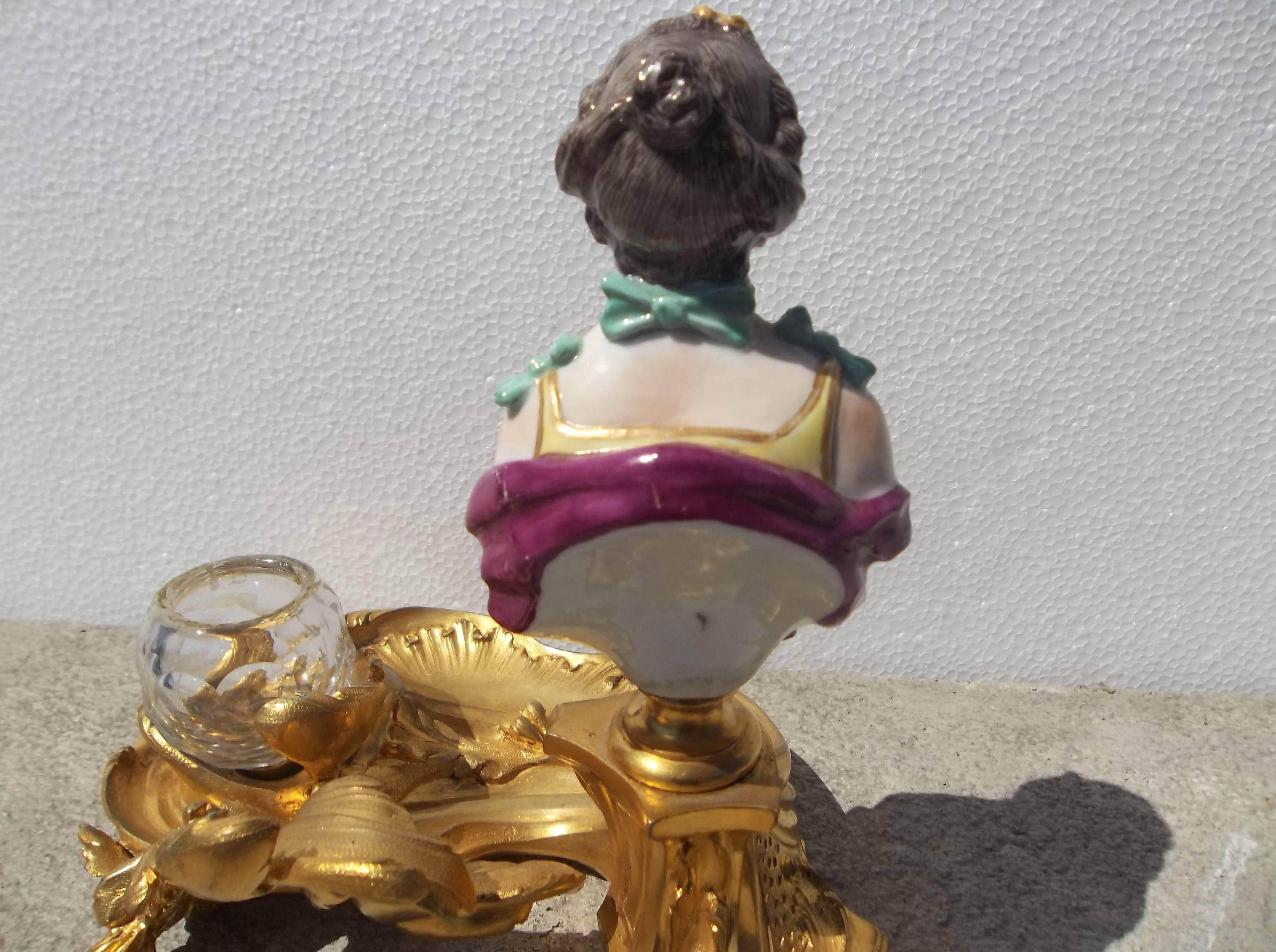 Rococo Style Gilt Bronze Inkwell with Porcelain Bust In Excellent Condition In Nashville, TN