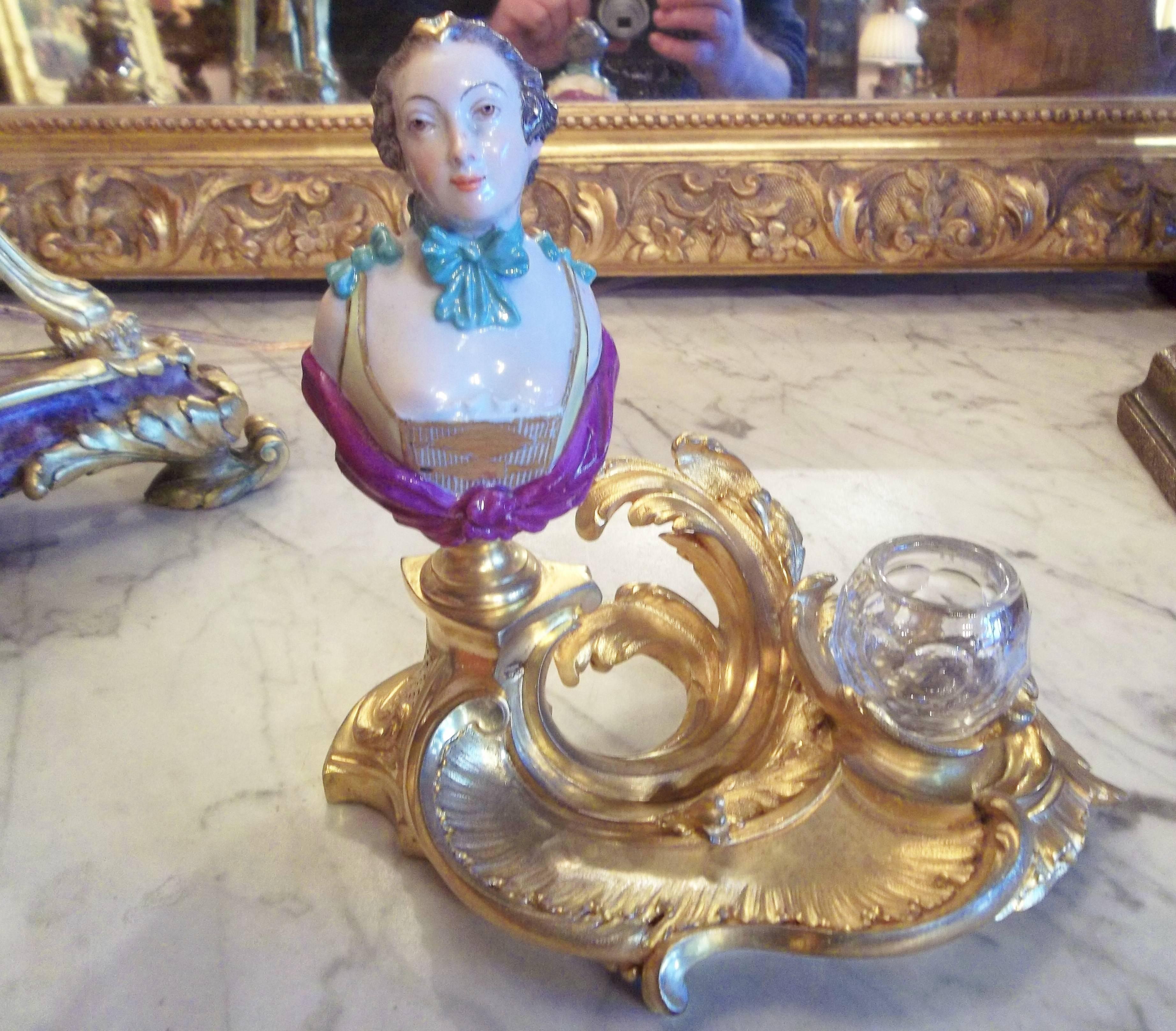 Rococo Style Gilt Bronze Inkwell with Porcelain Bust 4