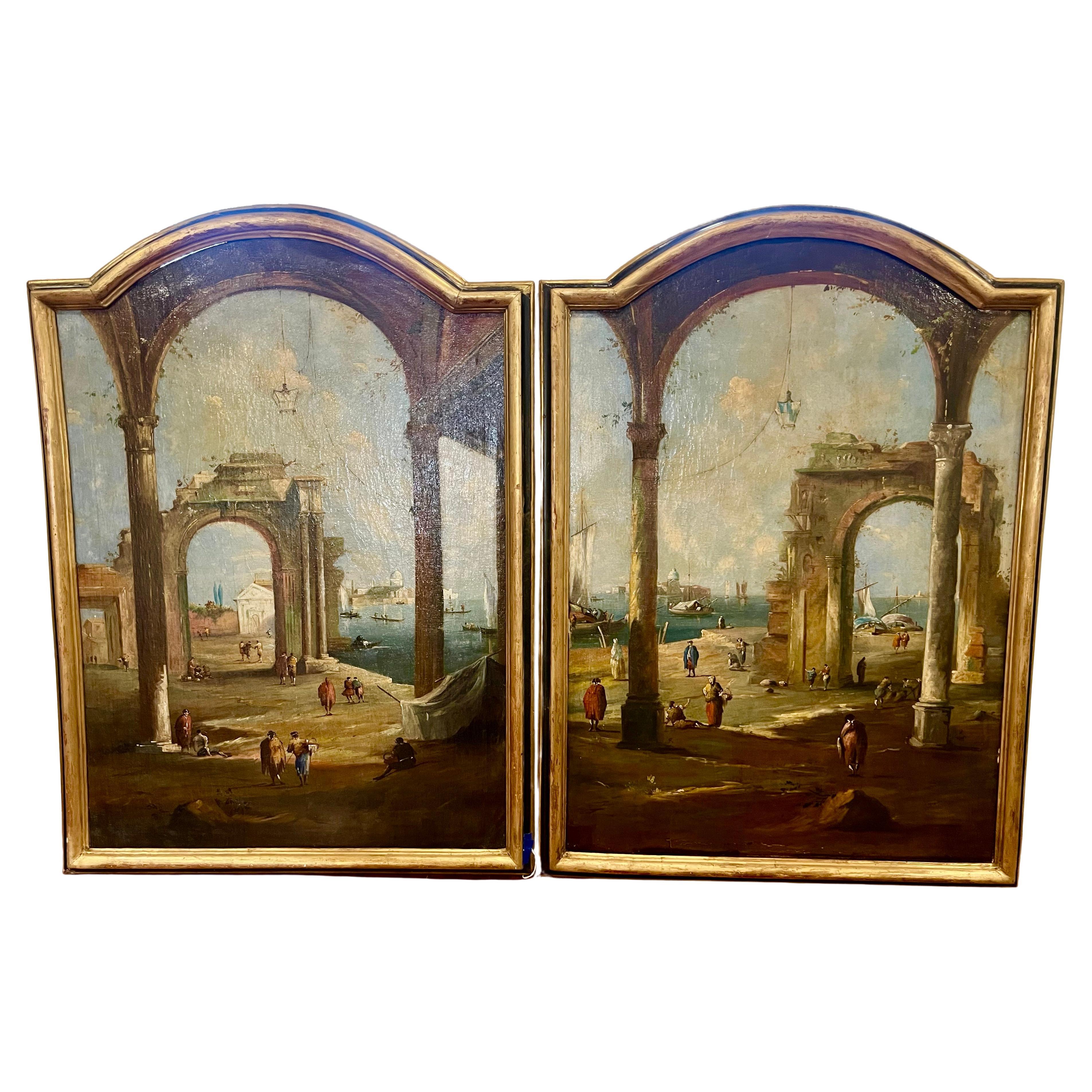 Conjunto de grandes ruinas del Capriccio veneciano y escenas del canal según Guardi