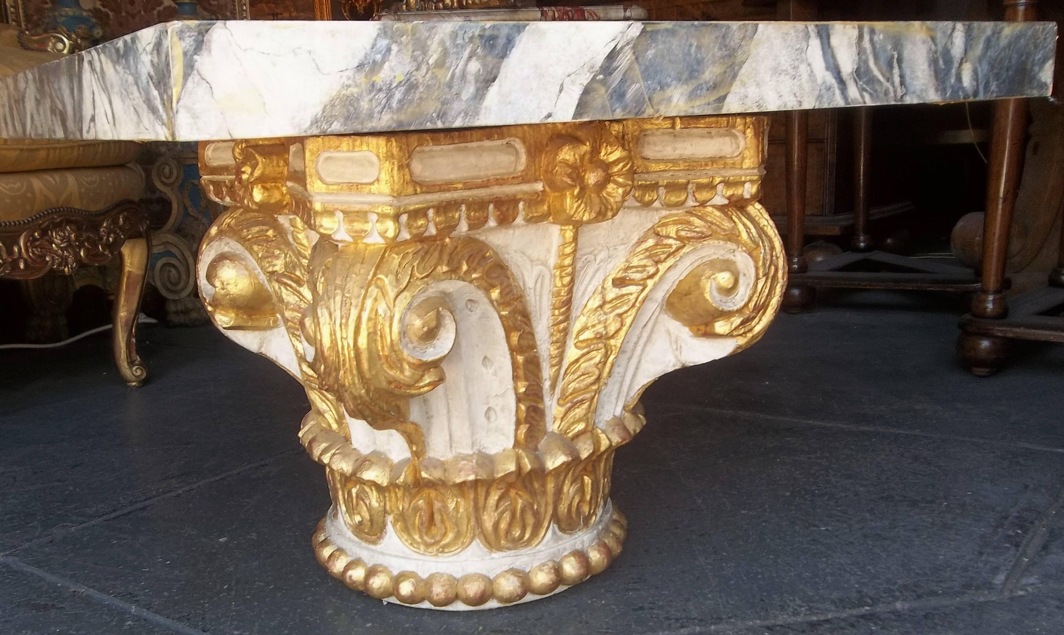 19th Century Giltwood and Paint Wood Corinthian Column Capital Fragment Now a Table
