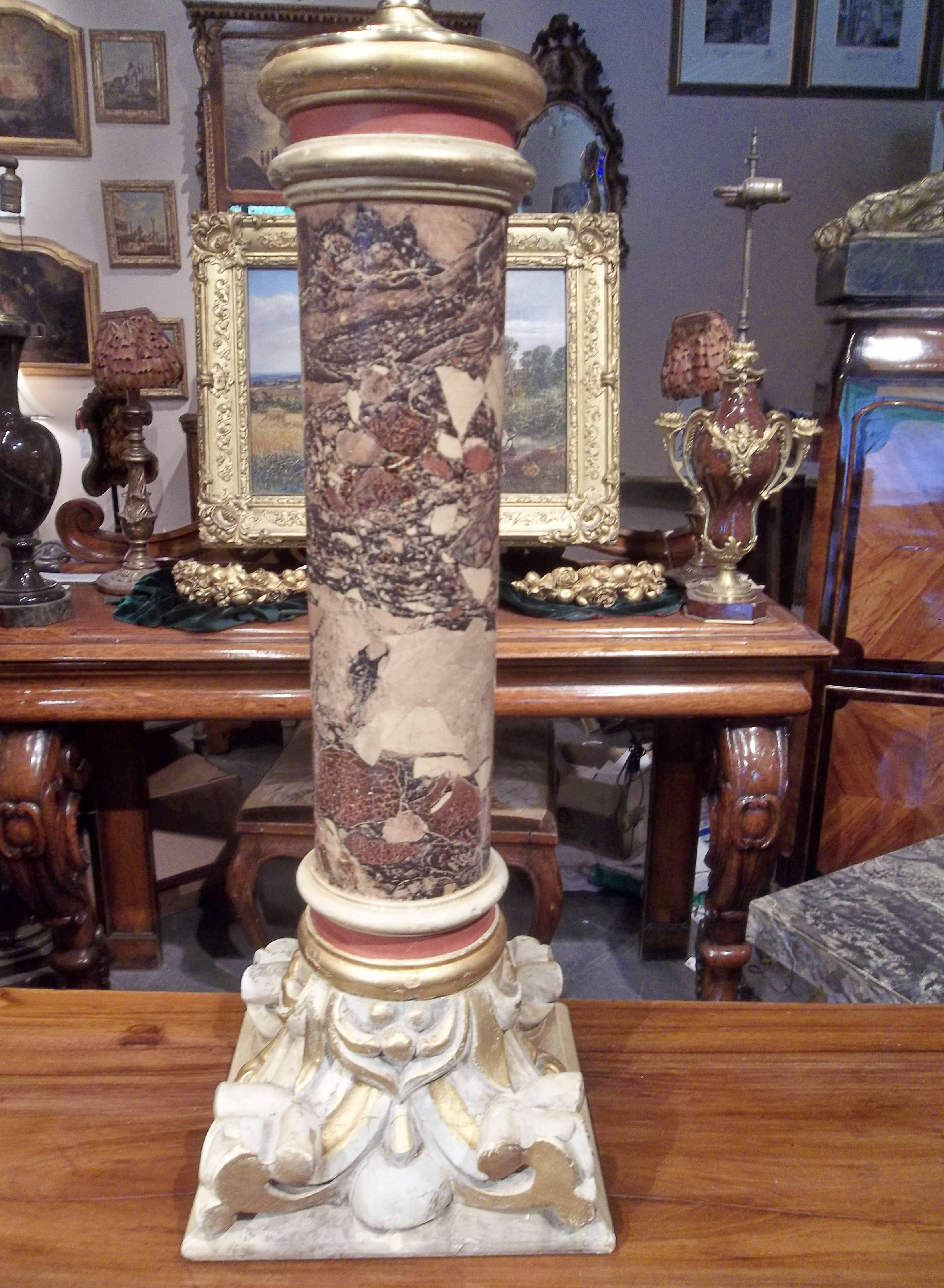 An imitation marble pattern applied to baluster (probably altar support) with red and gilt highlights. Possibly painted or transfer design.

Minor chips to the marble pattern. Chips and touchups to the gilt highlights.
Dings, dirt and expected wear
