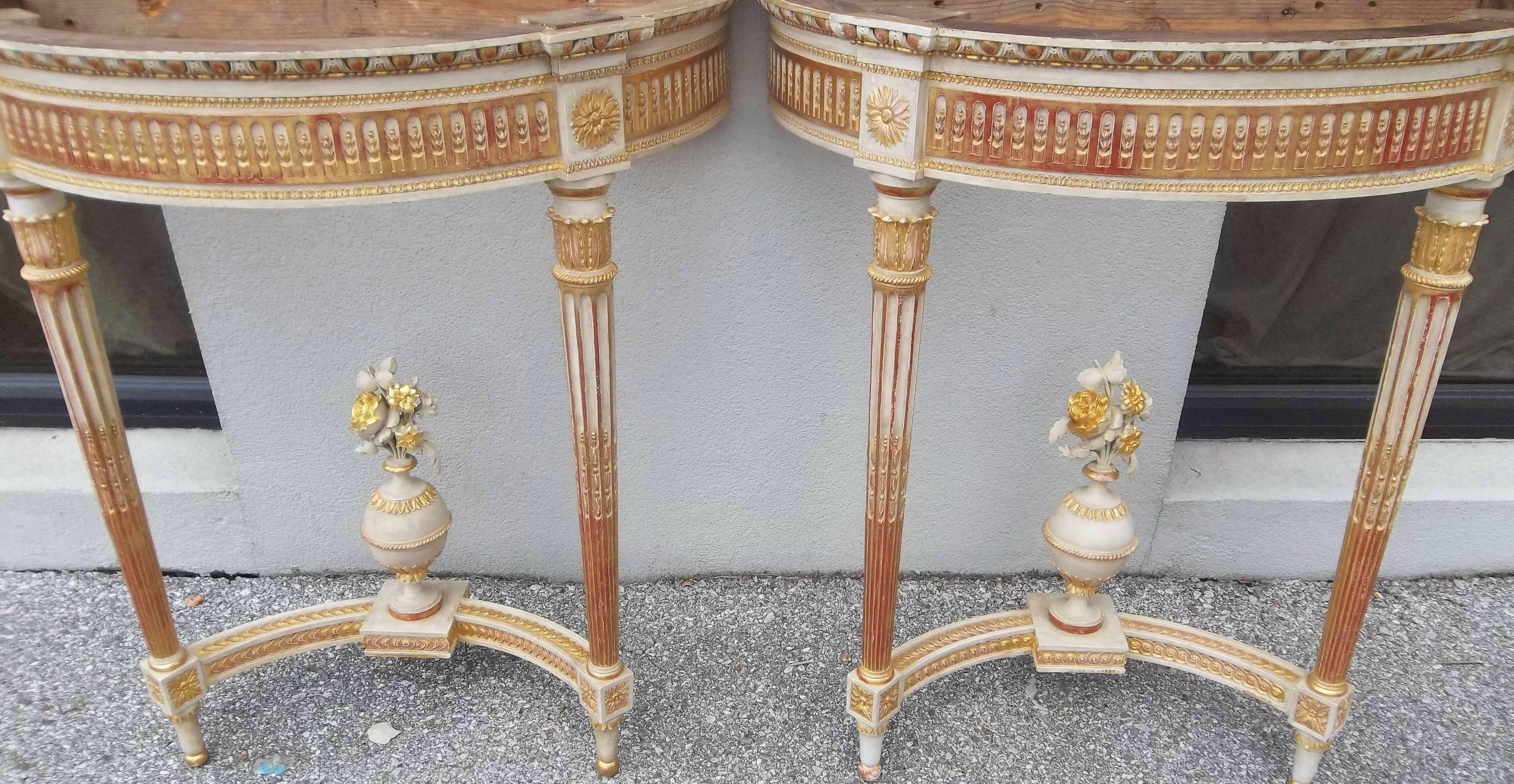 Pair of Louis XVI Neoclassical Style Giltwood and Painted Consoles 1