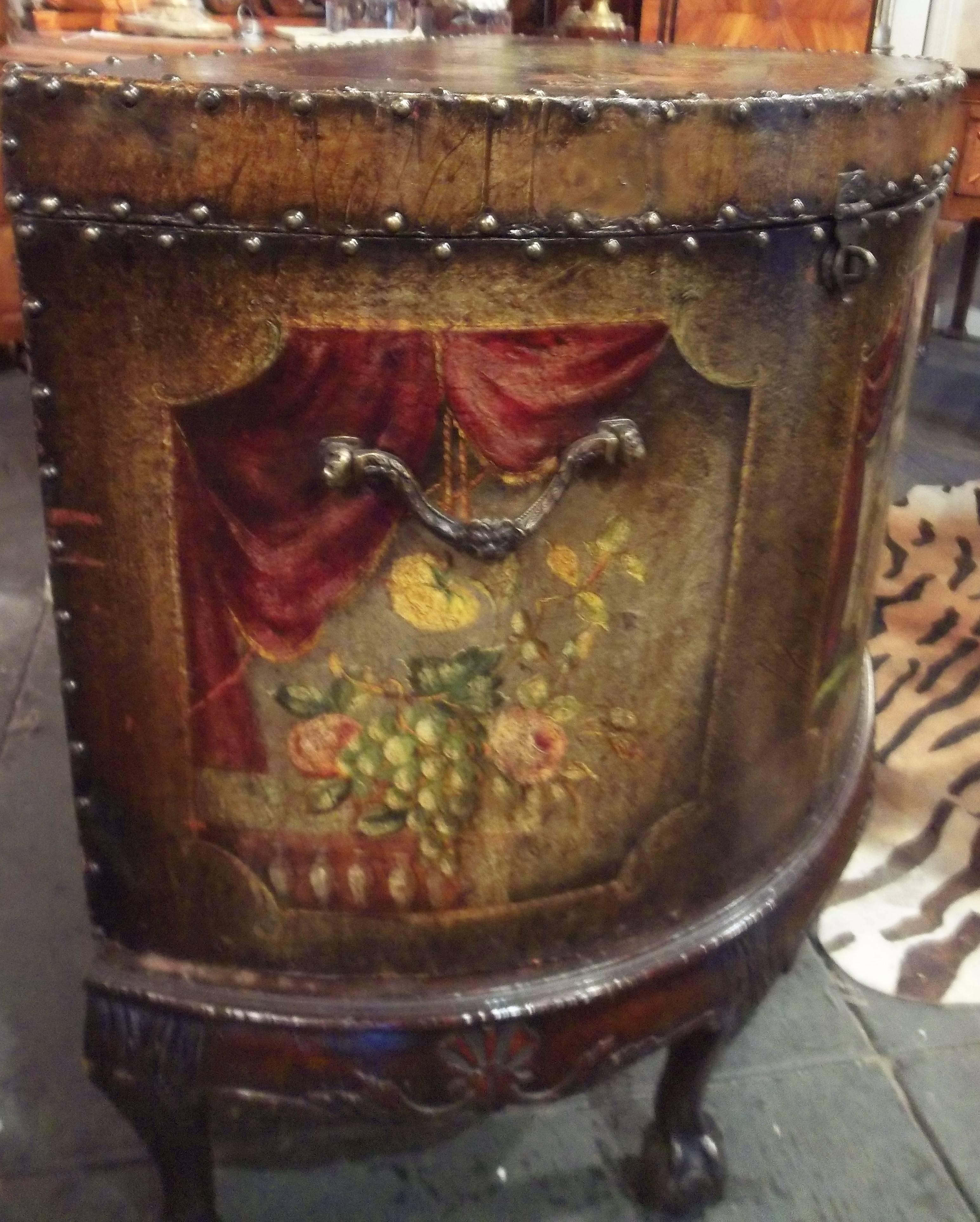  English George III Demilune Shaped Painted Leather Chest on Stand  In Fair Condition For Sale In Nashville, TN