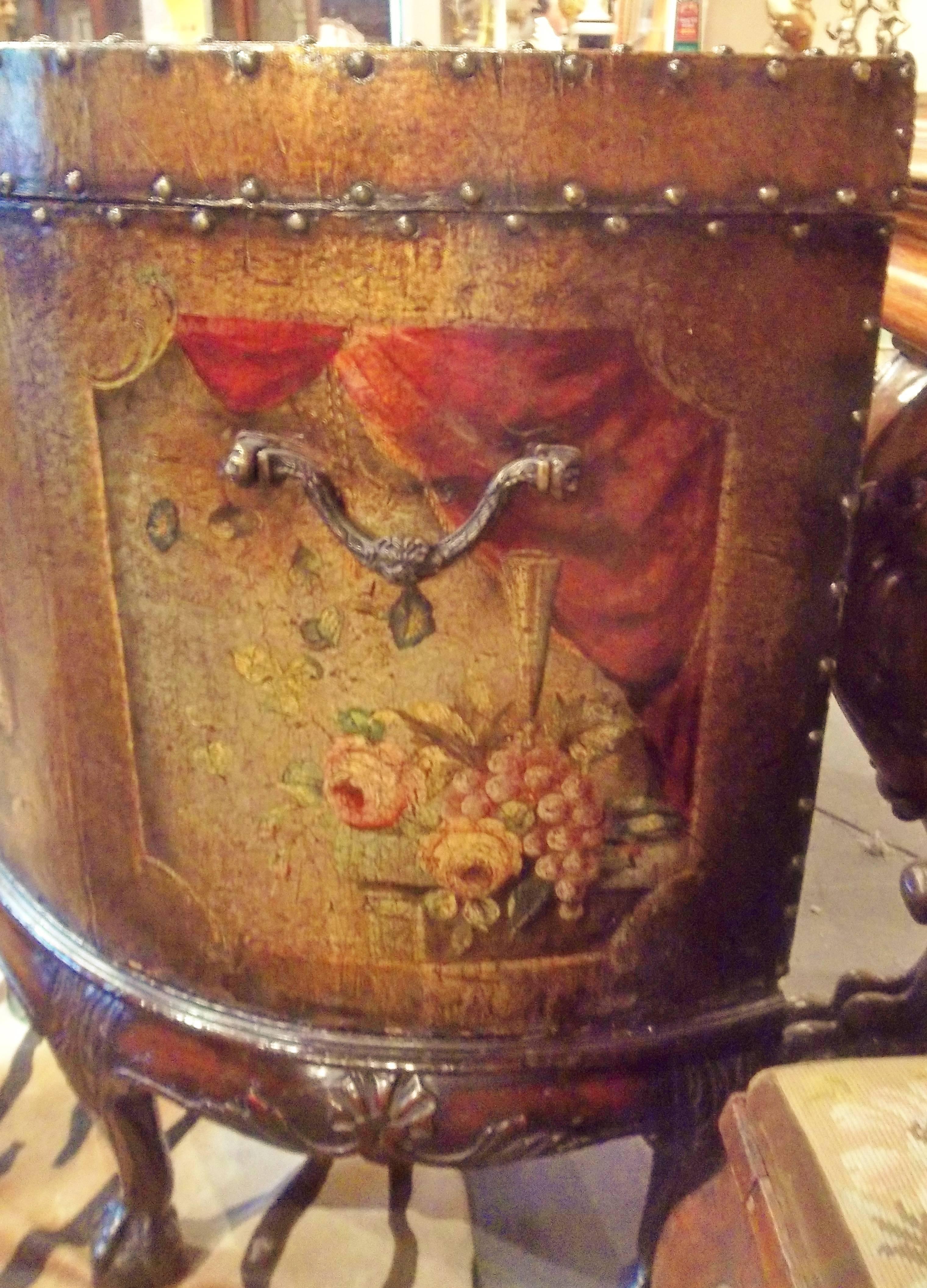 19th Century  English George III Demilune Shaped Painted Leather Chest on Stand  For Sale