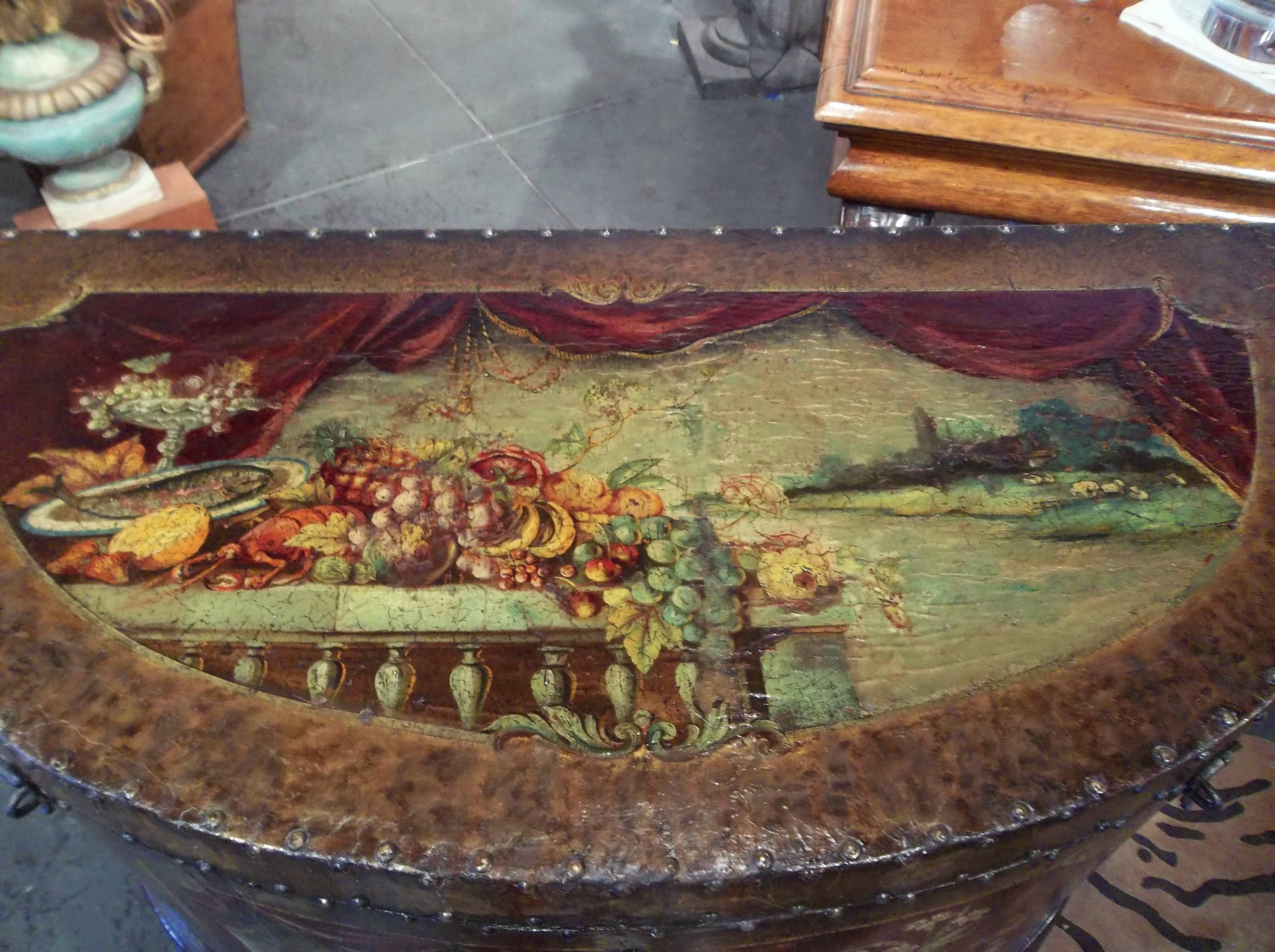 Georgian  English George III Demilune Shaped Painted Leather Chest on Stand  For Sale