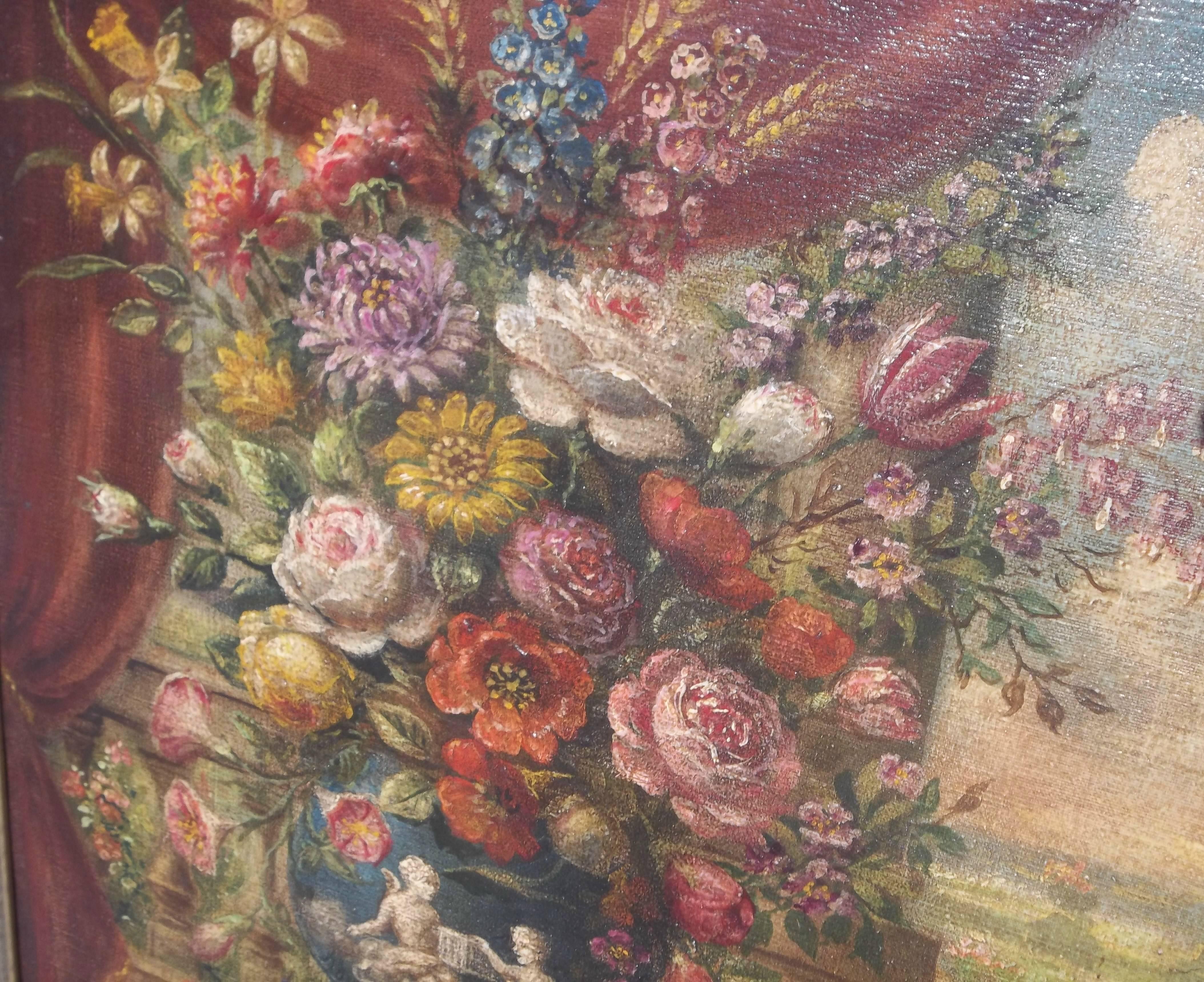 Romantic Italian School Floral Oil on Canvas