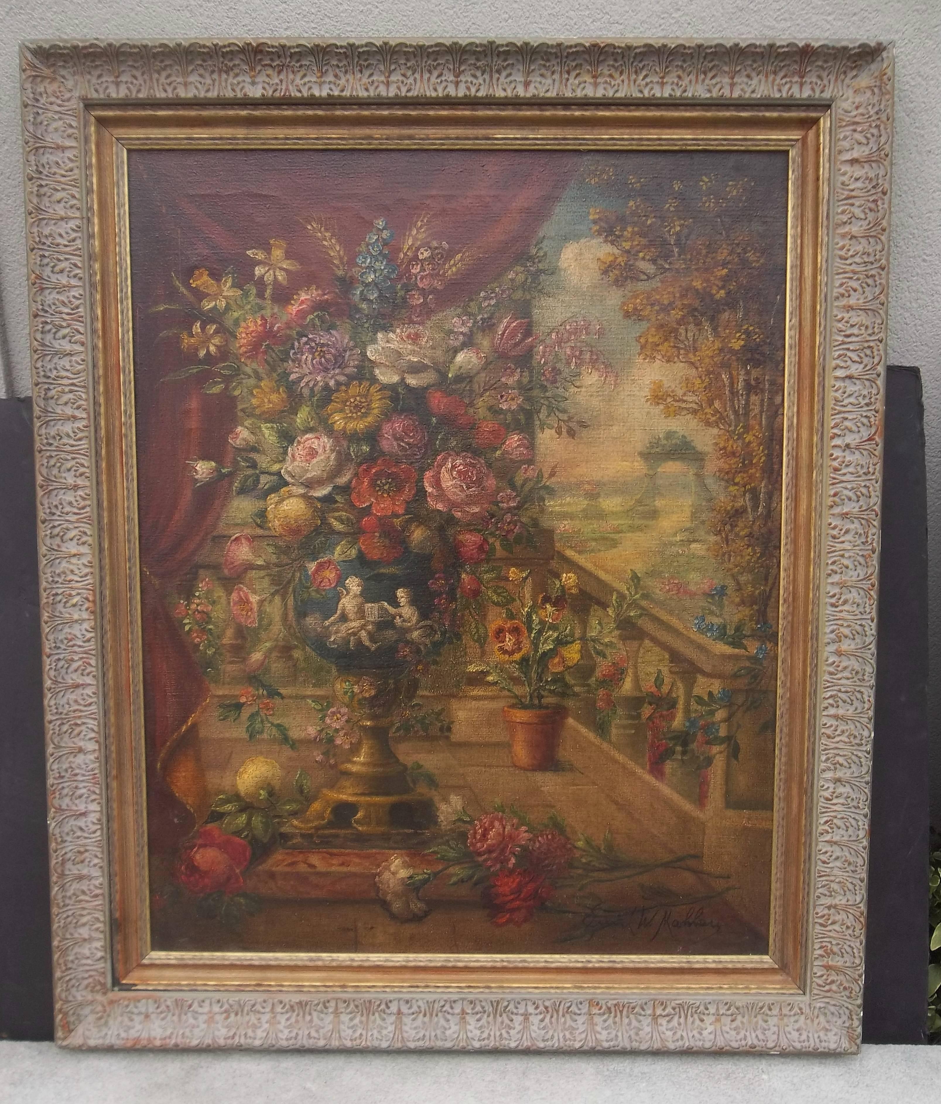 Very colorful. Signature indiscernible, circa 1920s and in a later Mid-Century frame.
Cleaned and in good condition. Slight stretcher marks in upper left hand corner (in red drape). 

Oil canvas (only) Measurements : 29.5 tall, 23.25 wide, 1 inch