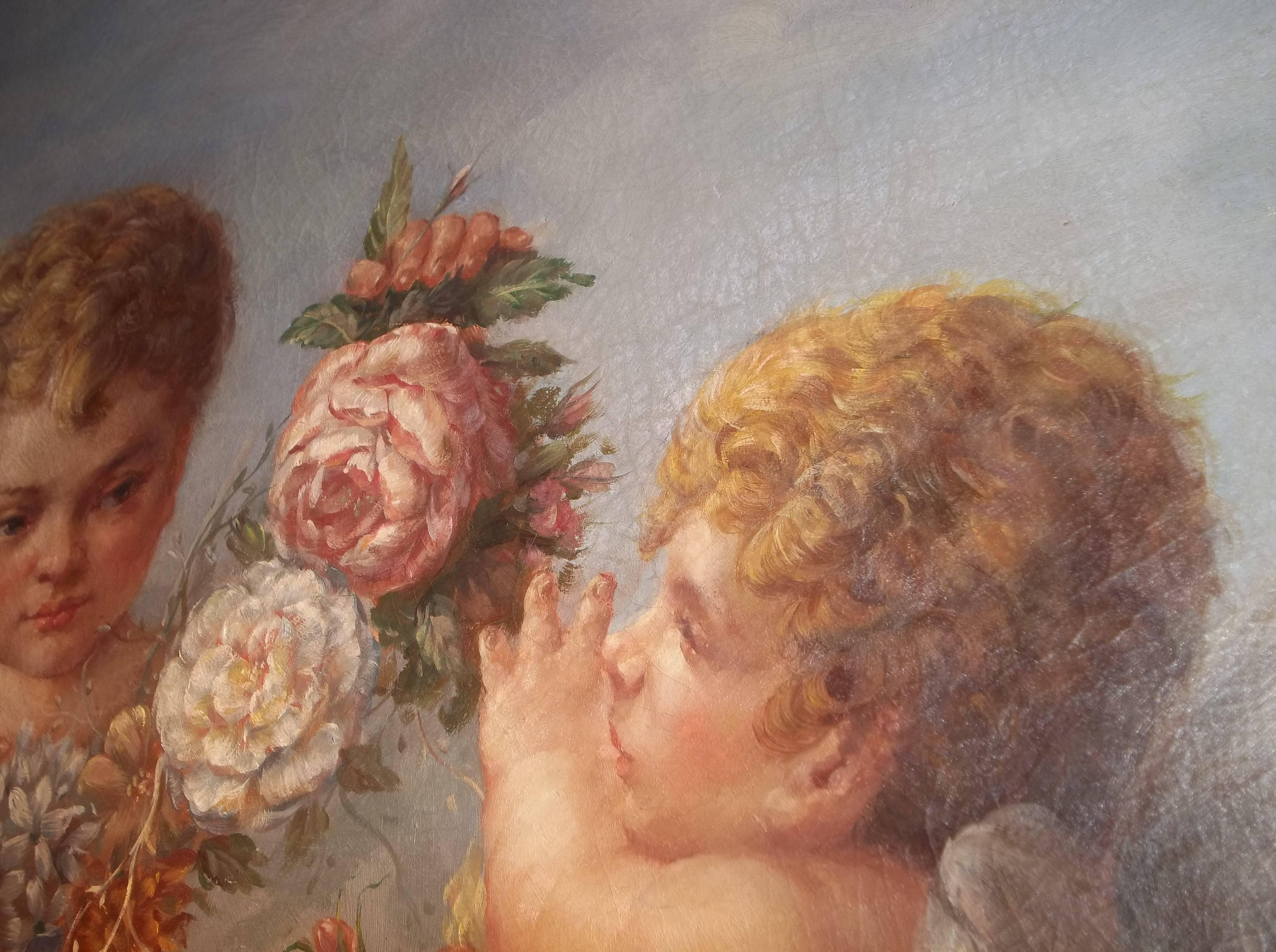 Rococo Boucher Styled Cherubs or Putti Frolicking Oil on Canvas