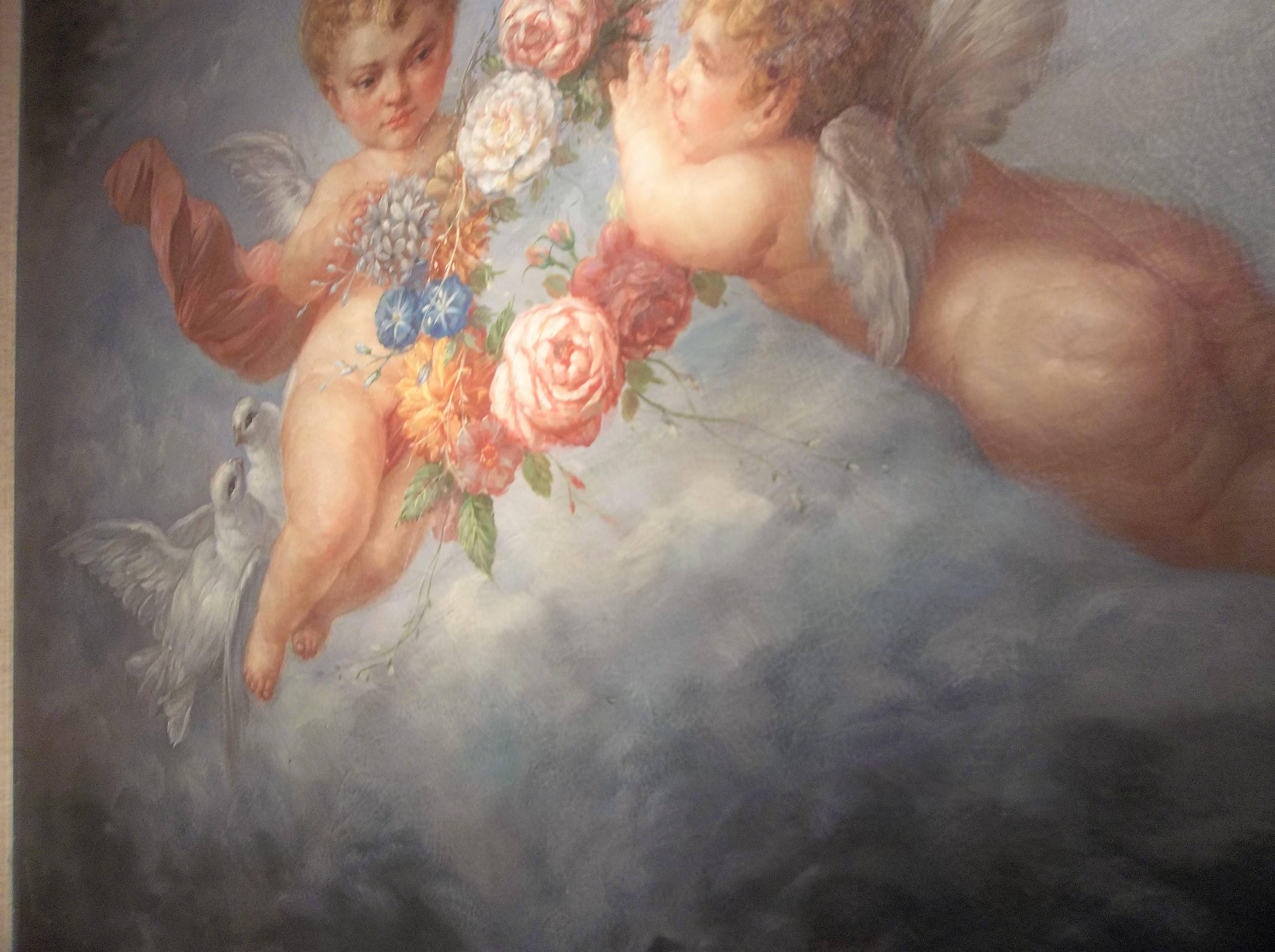 French Boucher Styled Cherubs or Putti Frolicking Oil on Canvas