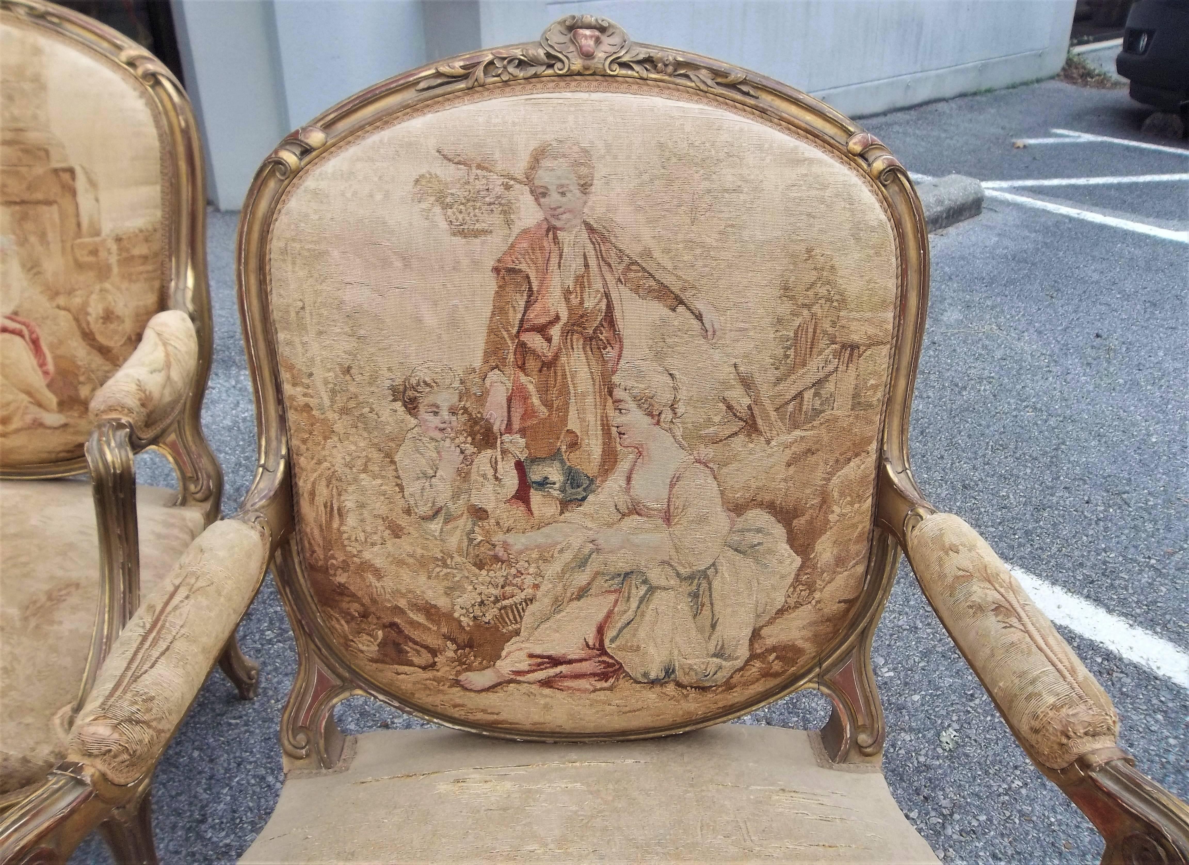 French Louis XV Style Fauteuil 'Armchair' in Tapestry After Boucher Four Seasons, Pair