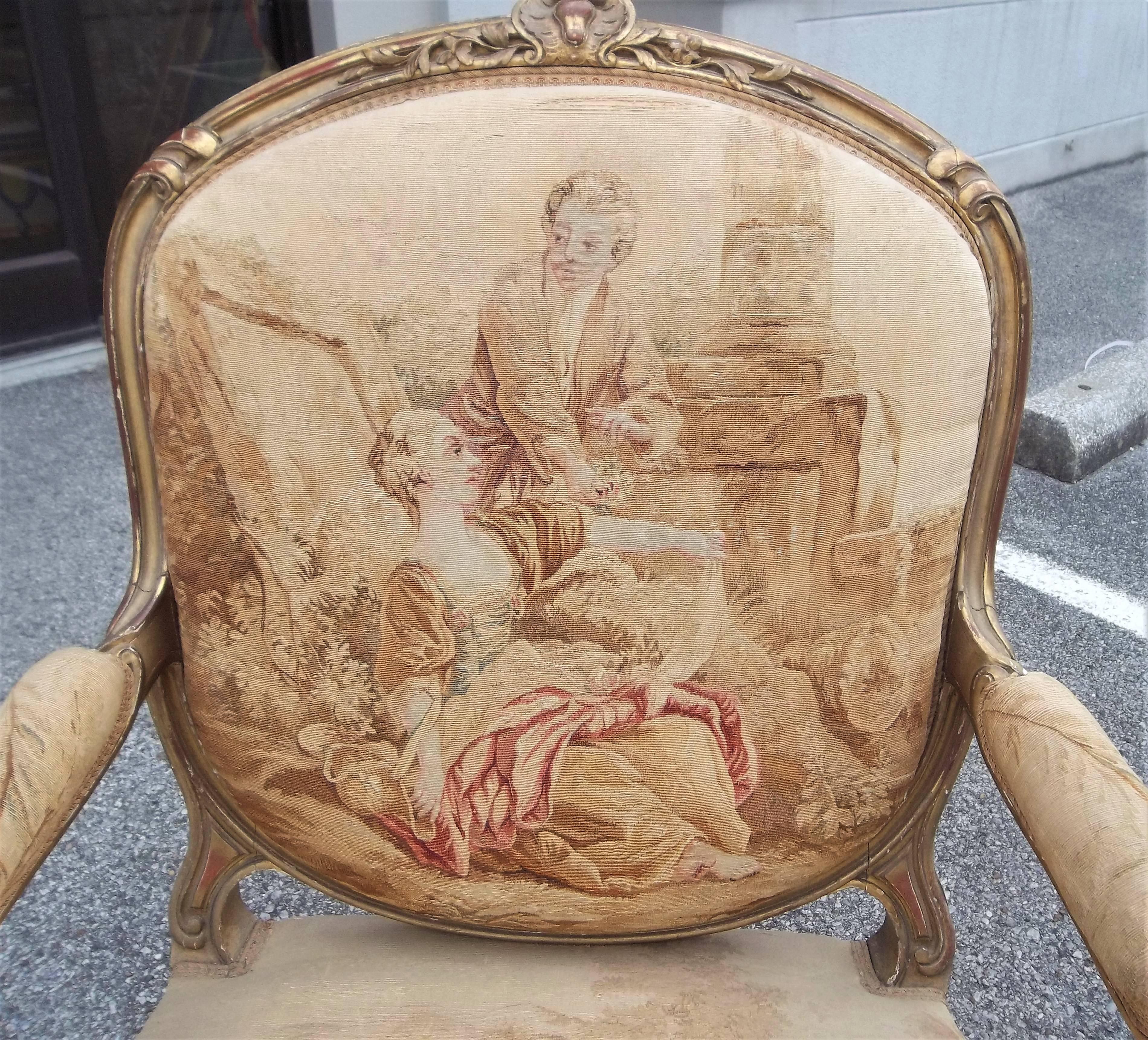 19th Century Louis XV Style Fauteuil 'Armchair' in Tapestry After Boucher Four Seasons, Pair