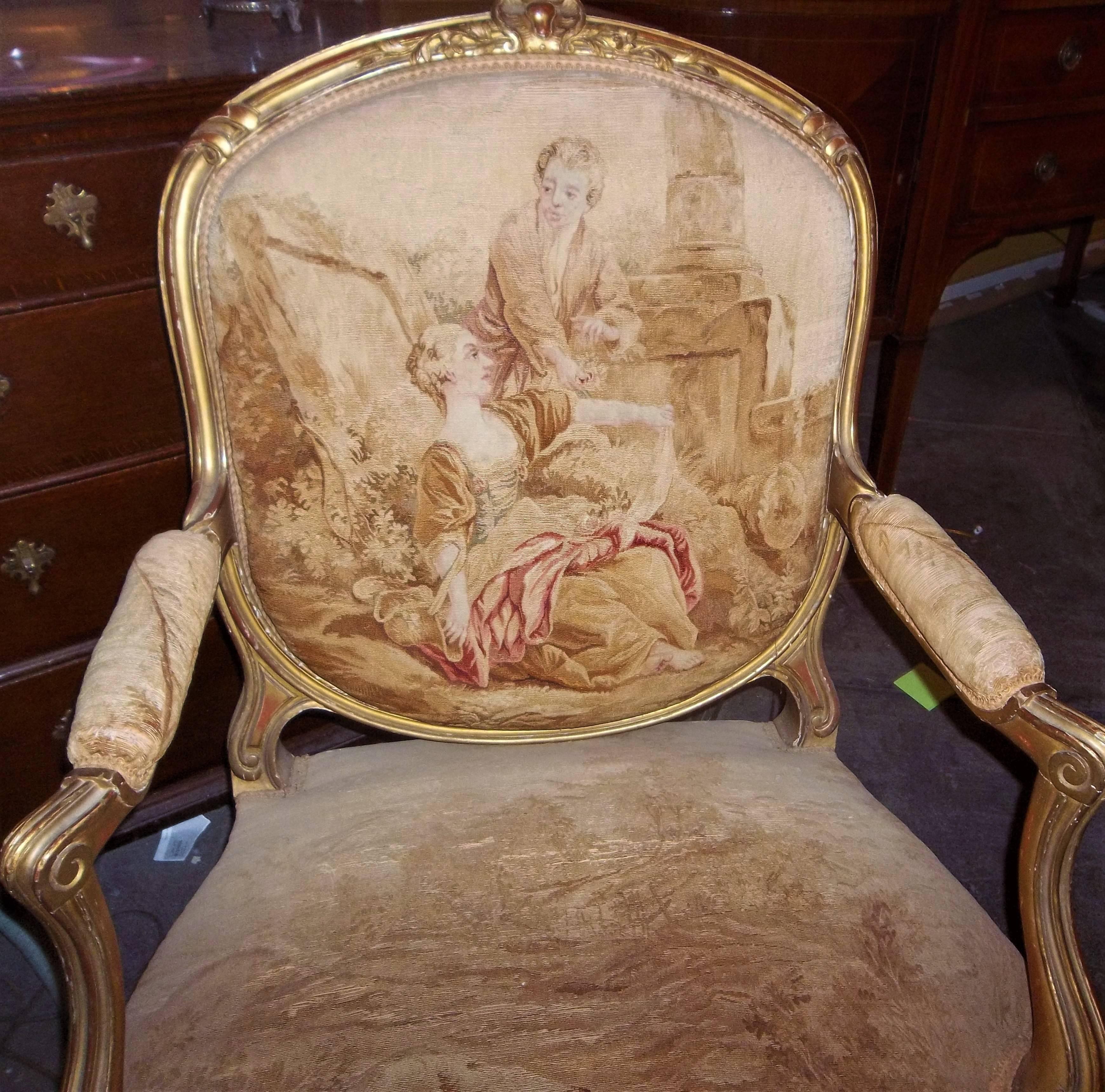 Louis XV Style Fauteuil 'Armchair' in Tapestry After Boucher Four Seasons, Pair In Fair Condition In Nashville, TN