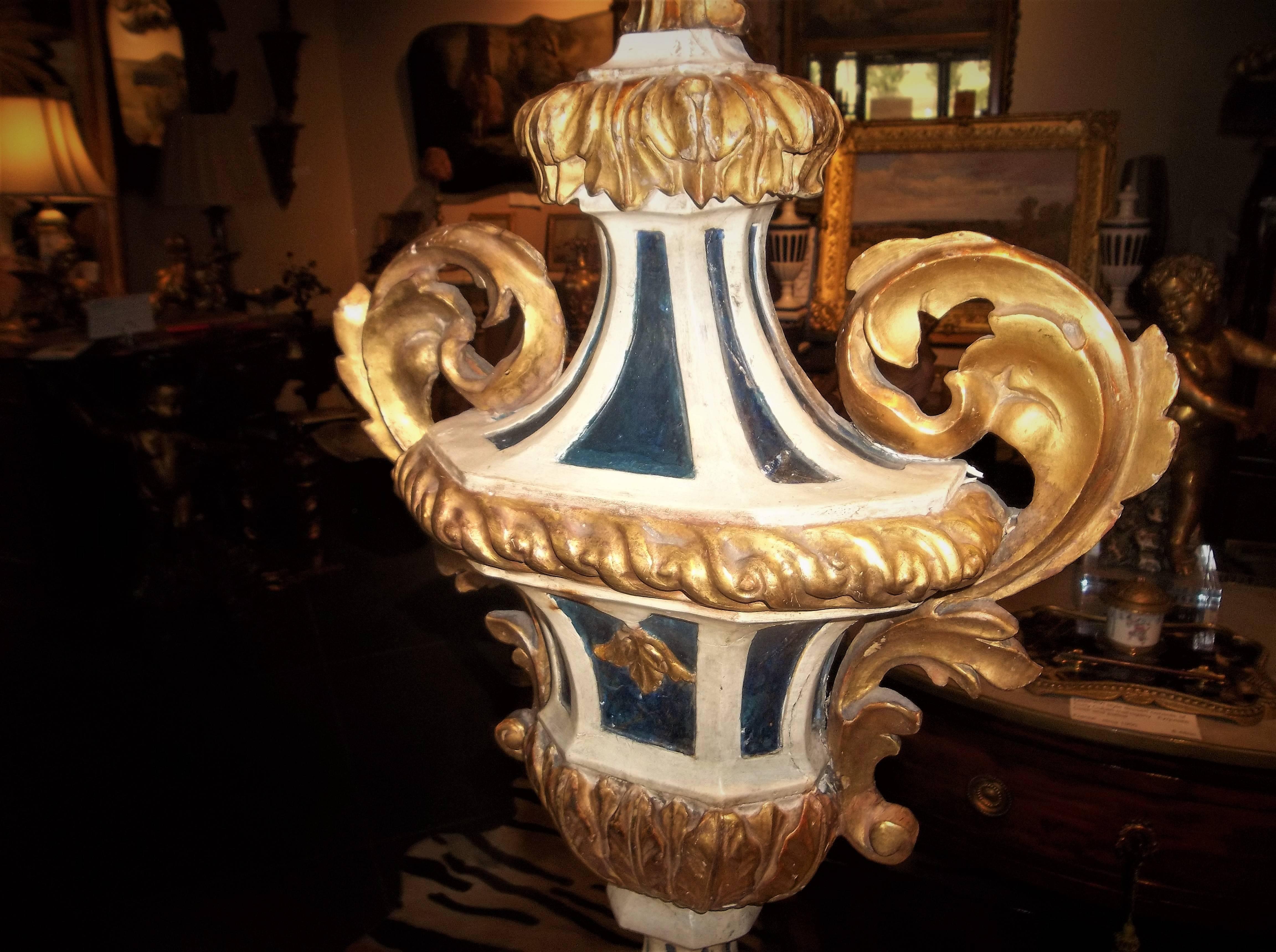 Tall and Large Carved  Pair of Painted and Giltwood Italian Urns or Appliques In Good Condition In Nashville, TN