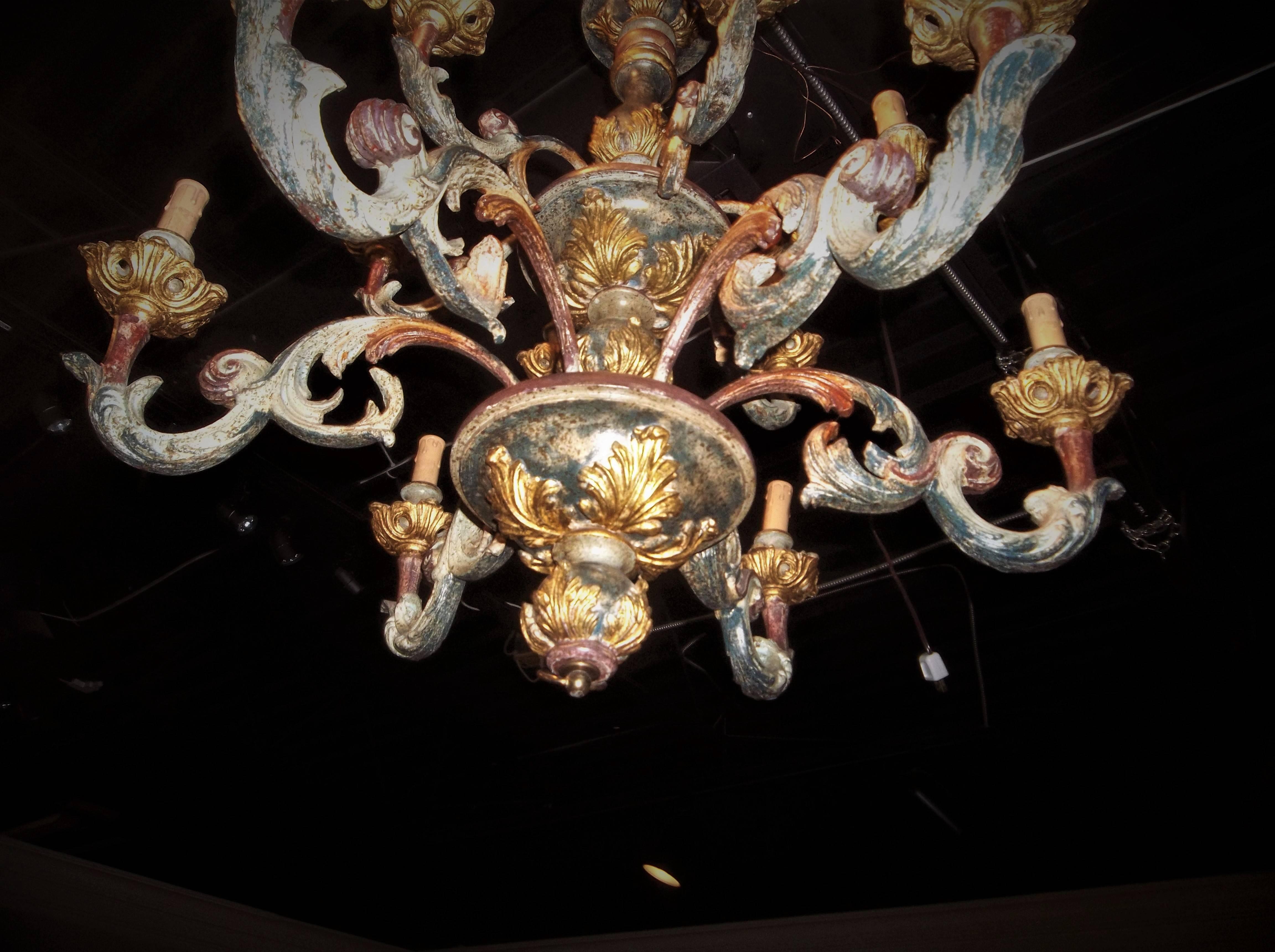 20th Century Carved Painted Venetian Rococo Style Chandelier with Gilt Highlights