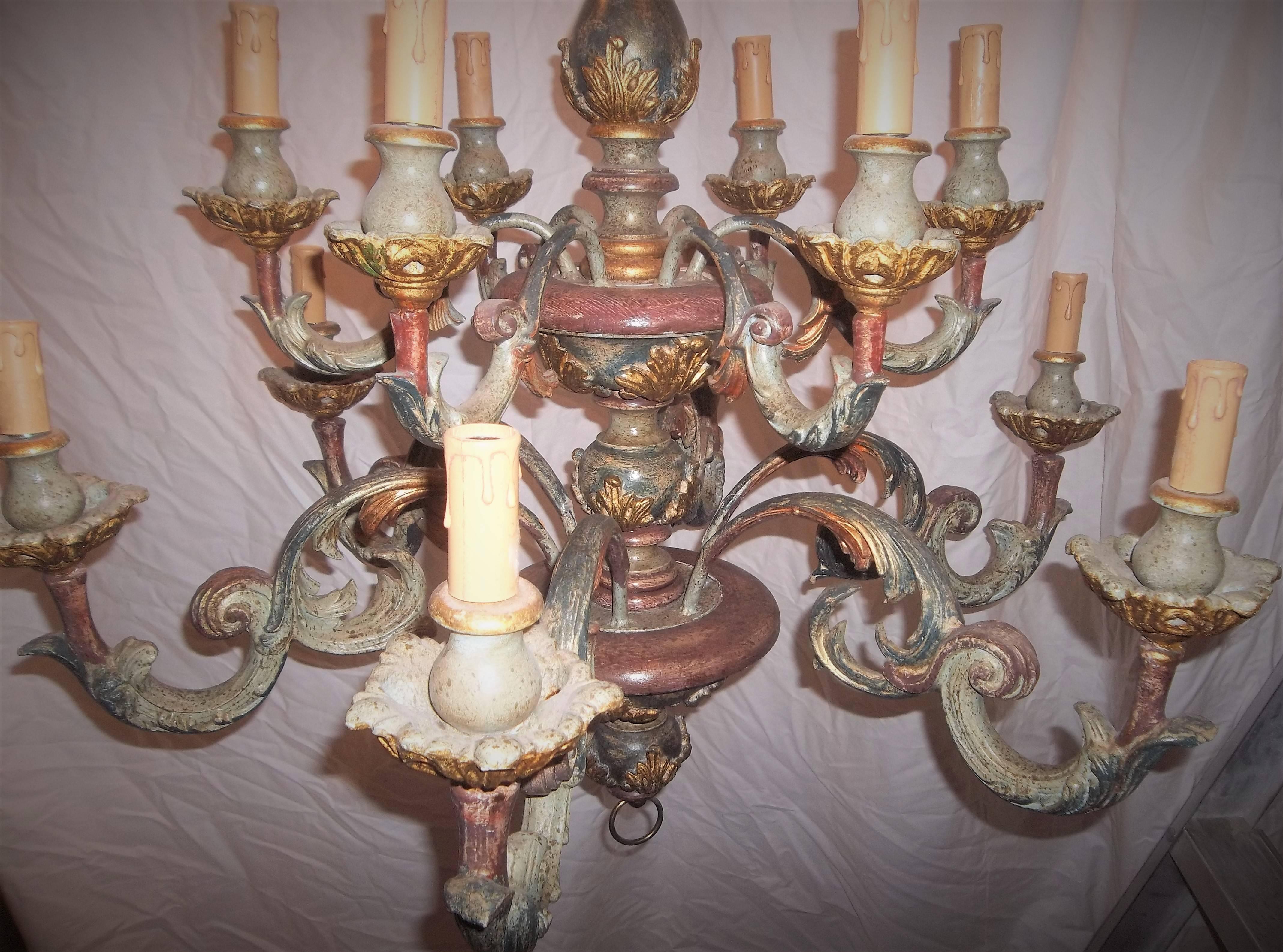 Carved Painted Venetian Rococo Style Chandelier with Gilt Highlights 3