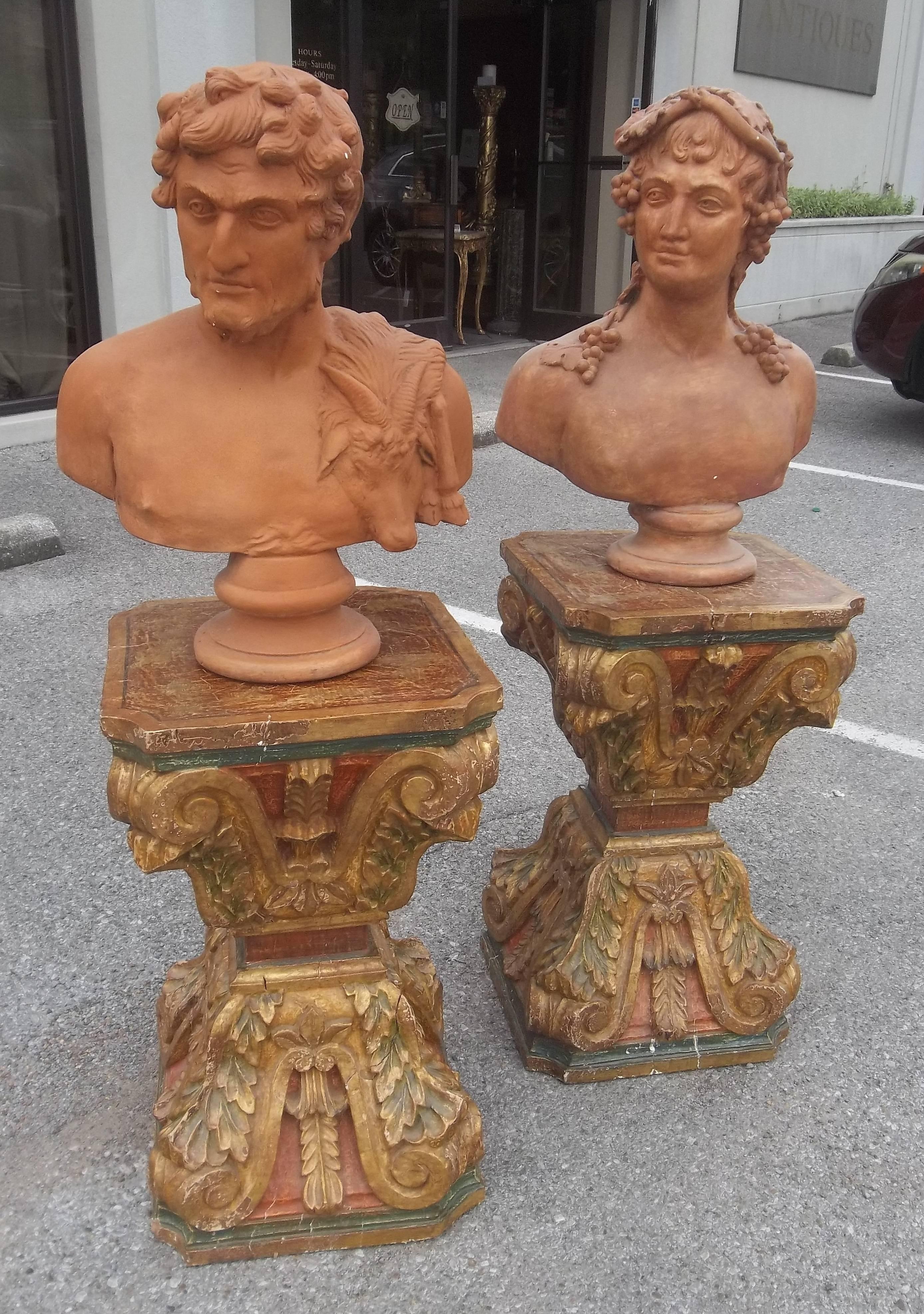 Suitable as glass table pedestals or as is .Polychrome with some gilt highlights. Finished on all four sides and top.
Stamped Italy .Signs of wear and use, cracks, separations ,minor paint loss, chipping and general aging throughout.

of some