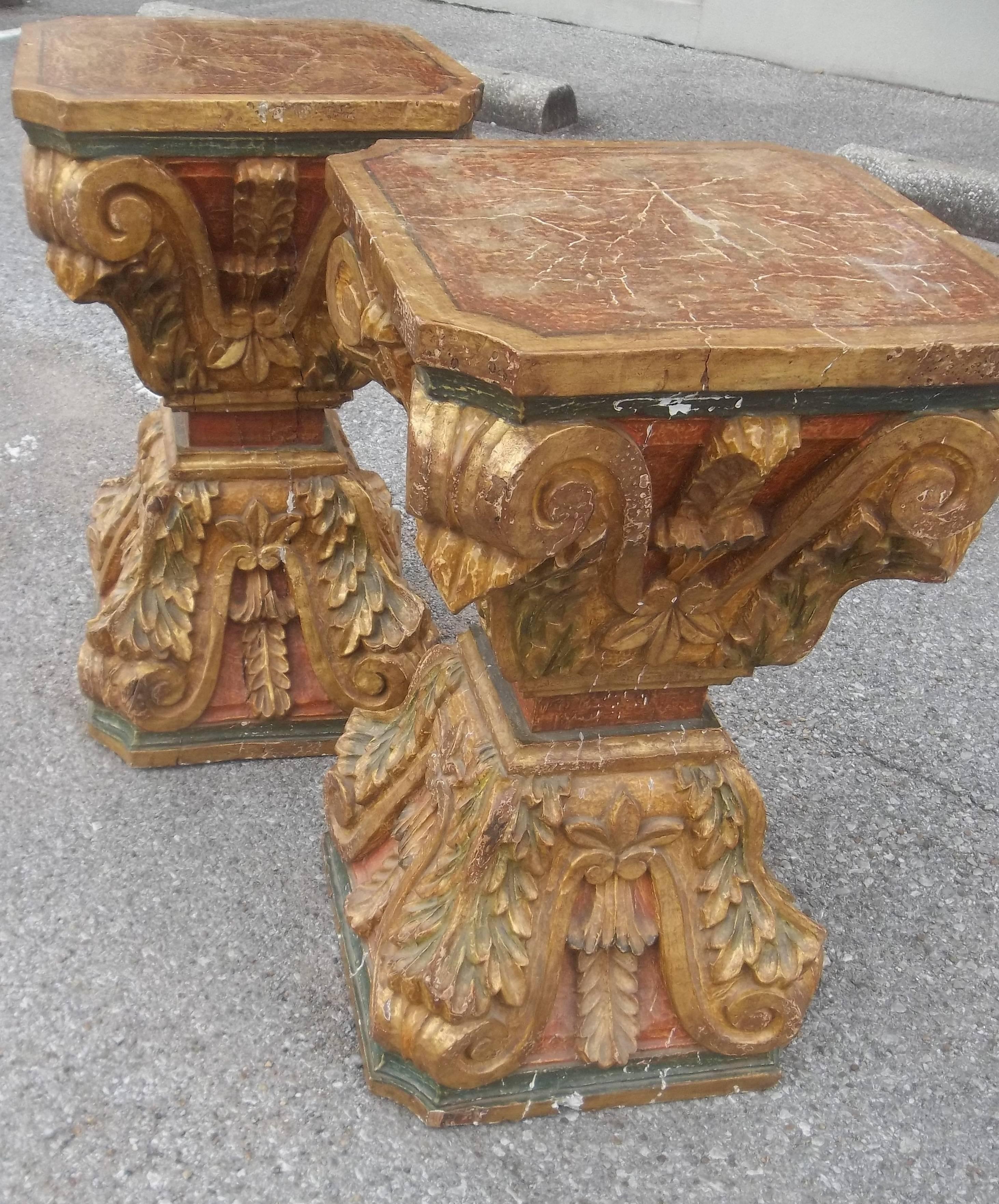 Italian Pair of Painted Baroque Style Pedestal Consoles