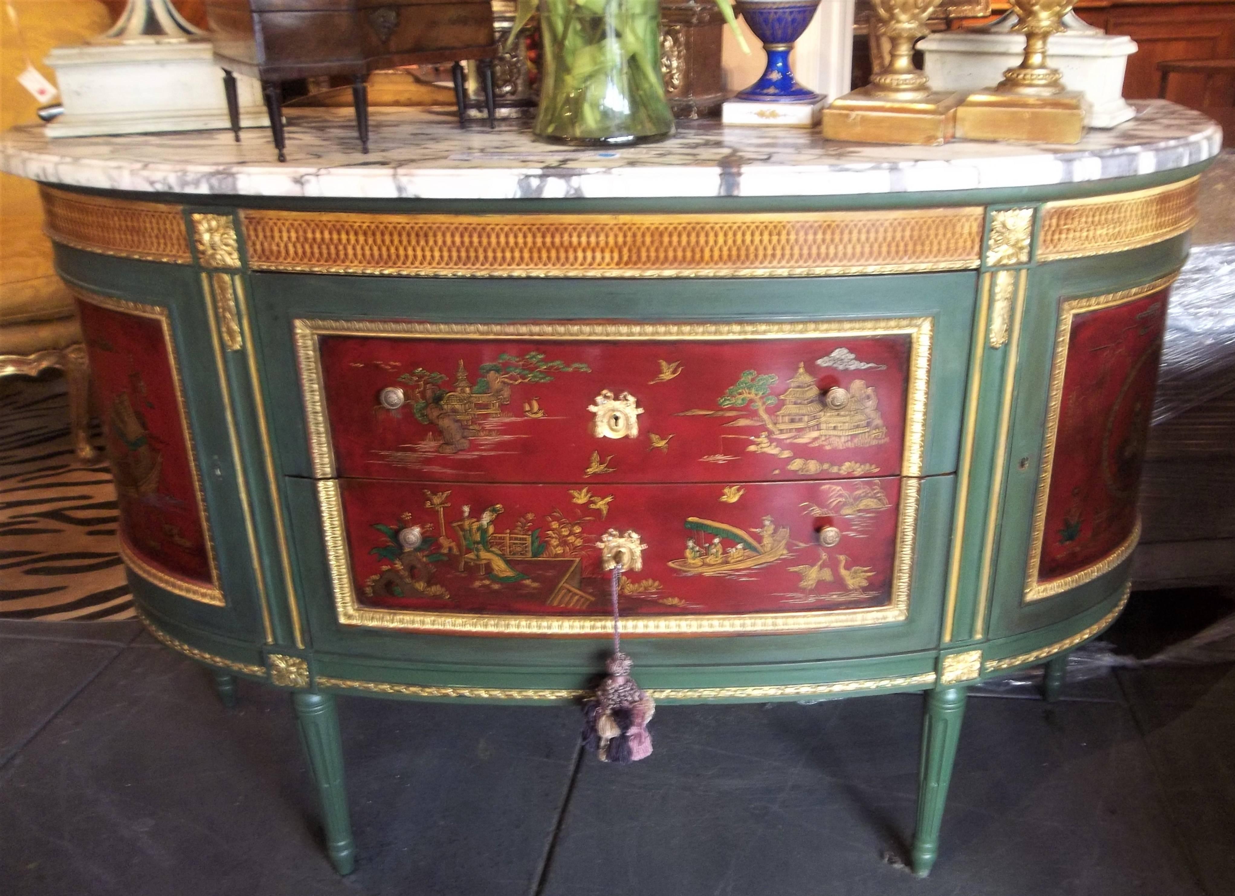 20th Century French Green Painted Console Dessert with Chinoiserie Panels