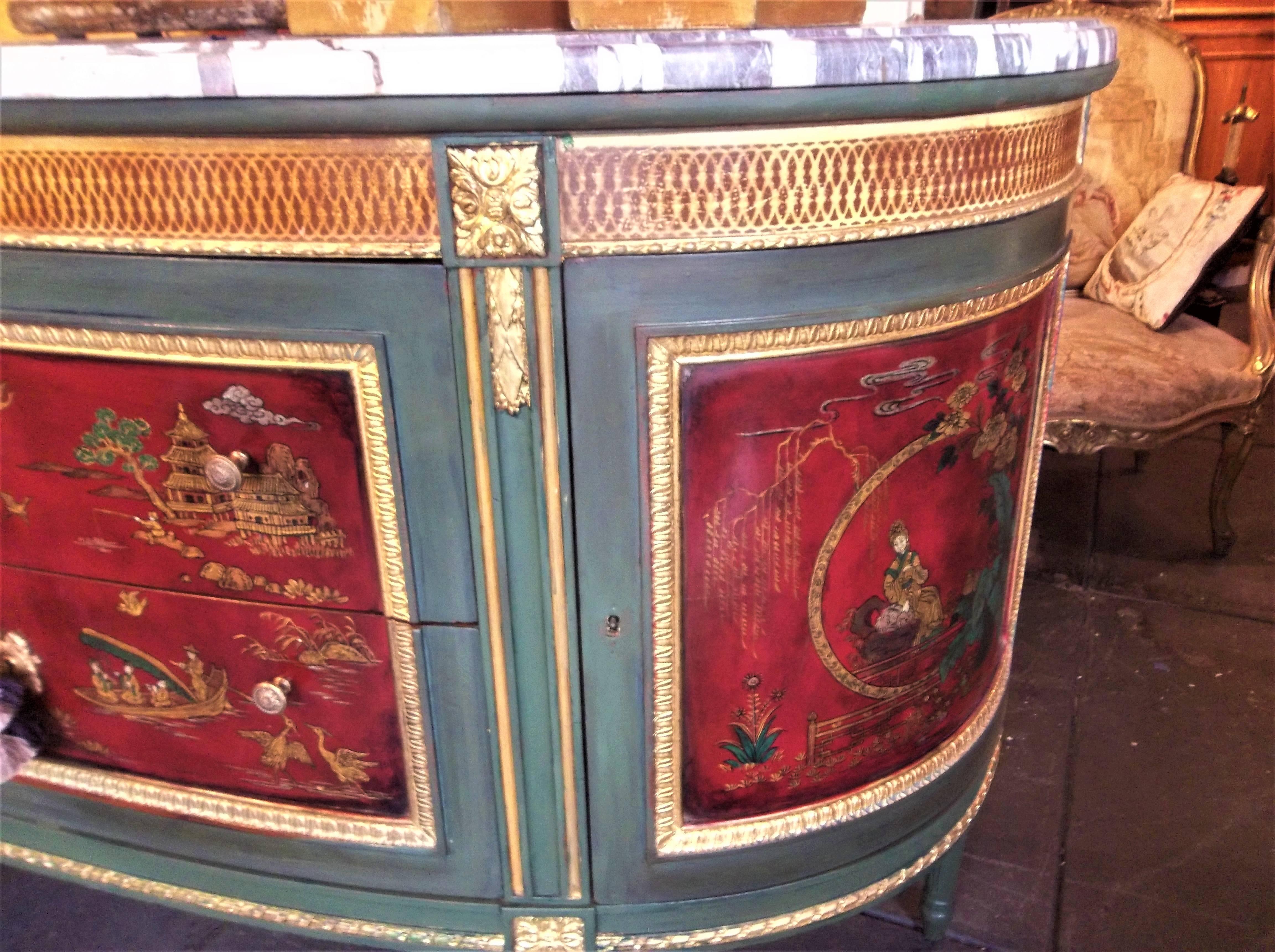 French Green Painted Console Dessert with Chinoiserie Panels In Good Condition In Nashville, TN