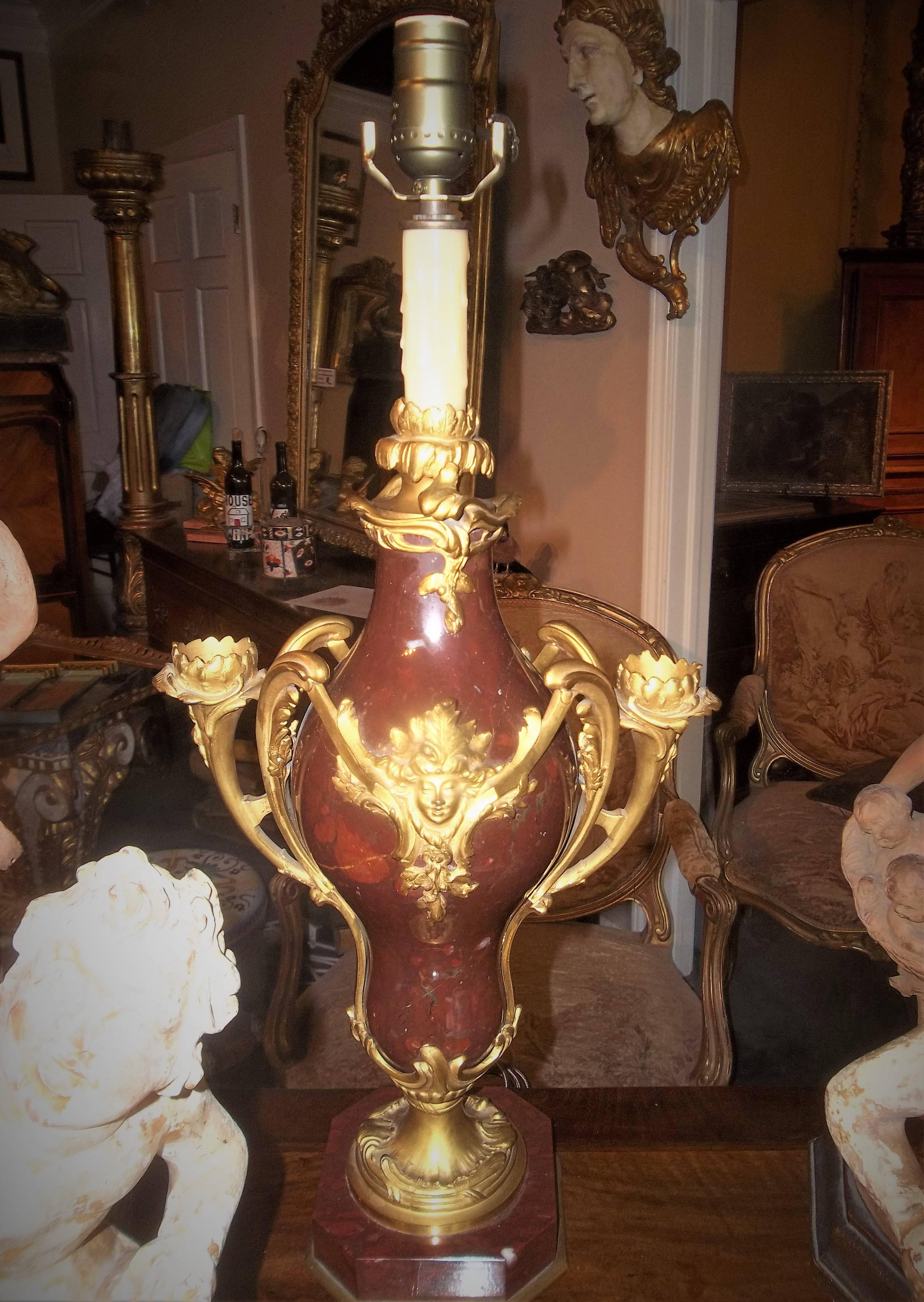 19th Century Louis XV Style Ox Blood Red Marble Candelabrum with Ormolu Fittings