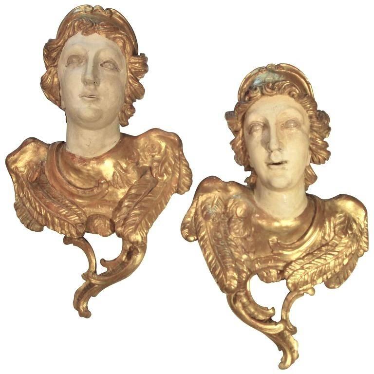 Large Pair of Carved Classical Giltwood Busts on Marble Bases 4