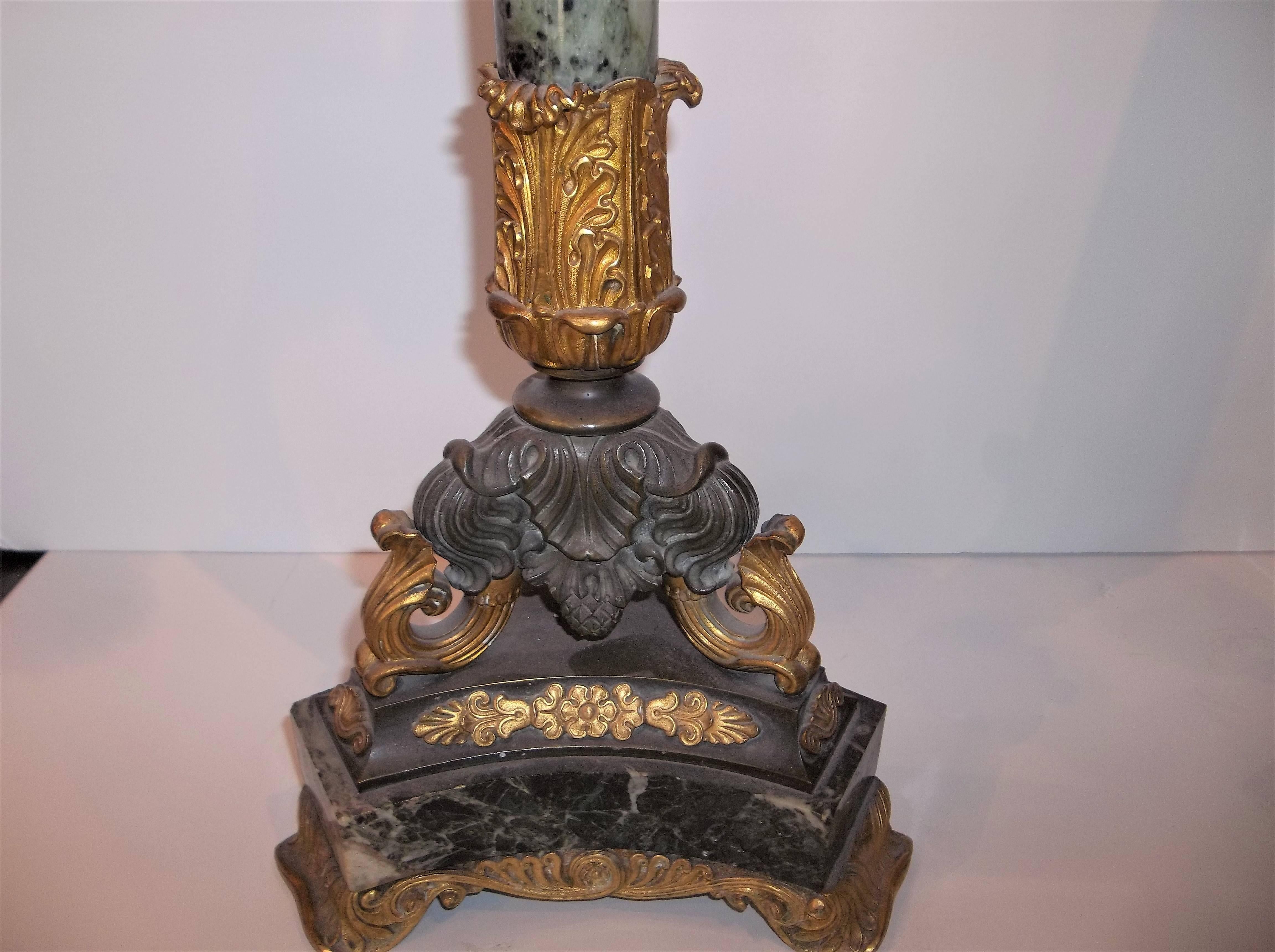 Tall Pair of Charles X Verdi Antico Marble and Gilt Bronze Candelabra In Good Condition In Nashville, TN