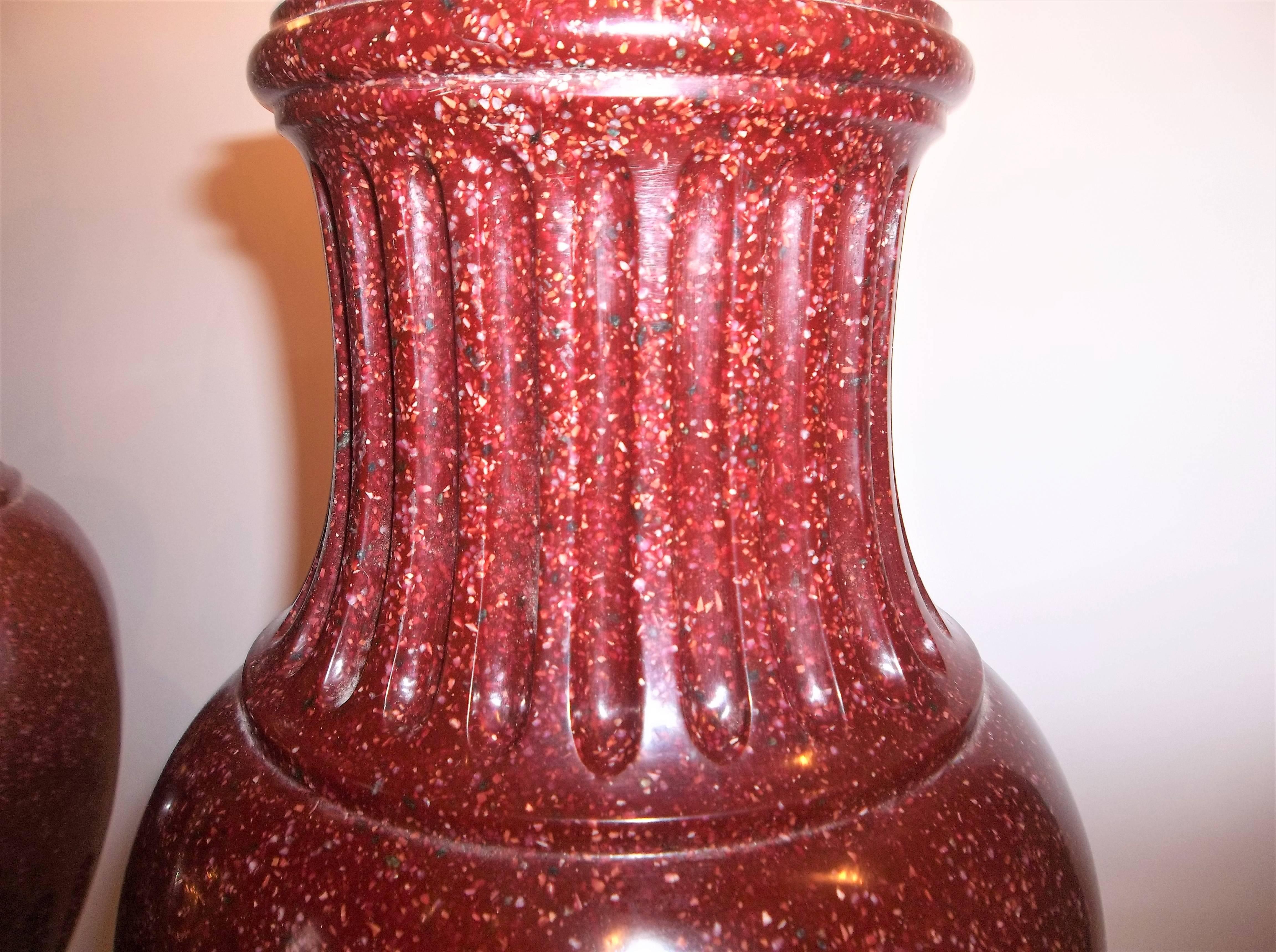 Large Pair of Swedish Oxblood Faux Porphyry Urns Mounted as Lamps In Good Condition In Nashville, TN