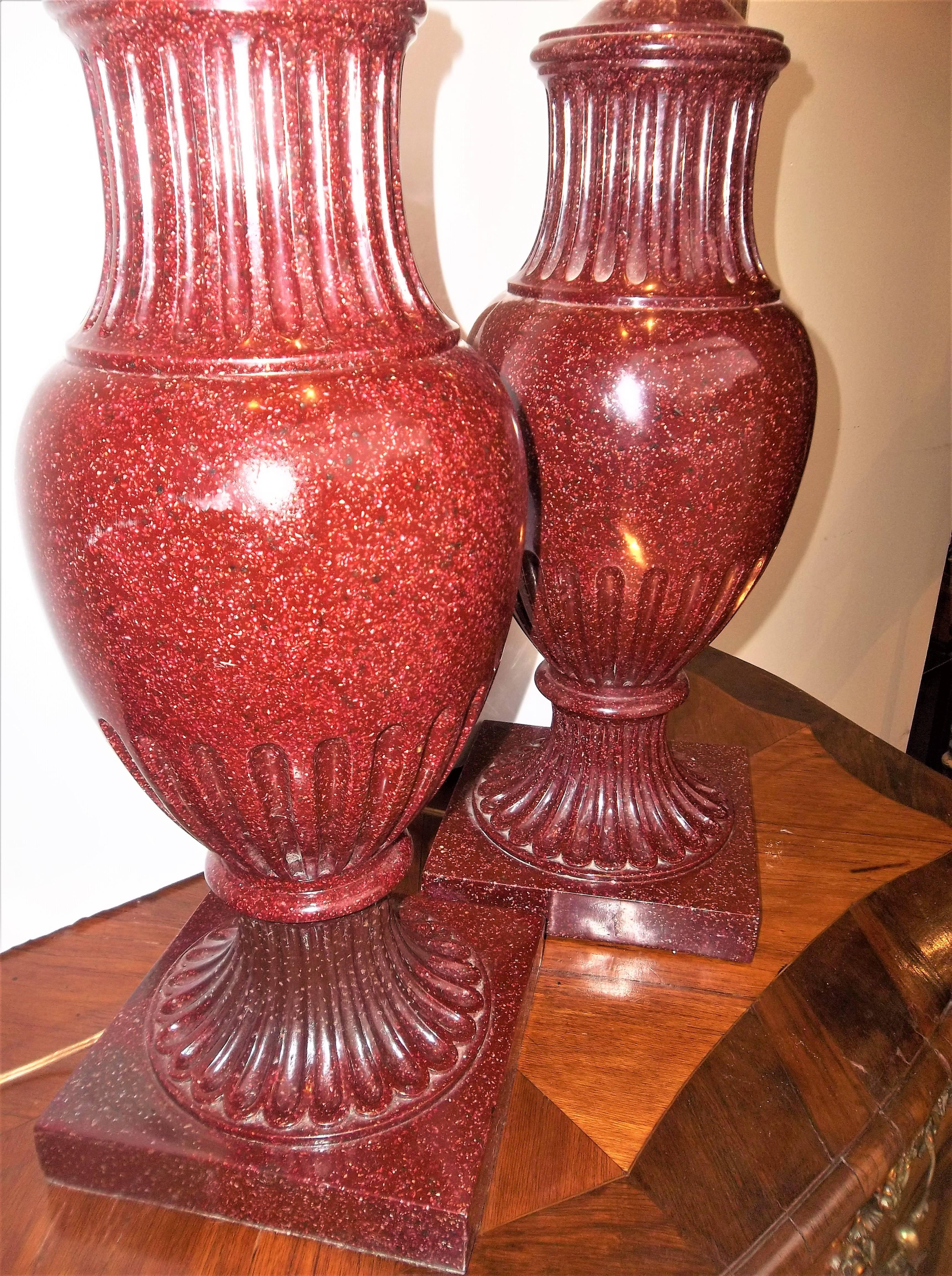 Large Pair of Swedish Oxblood Faux Porphyry Urns Mounted as Lamps 1