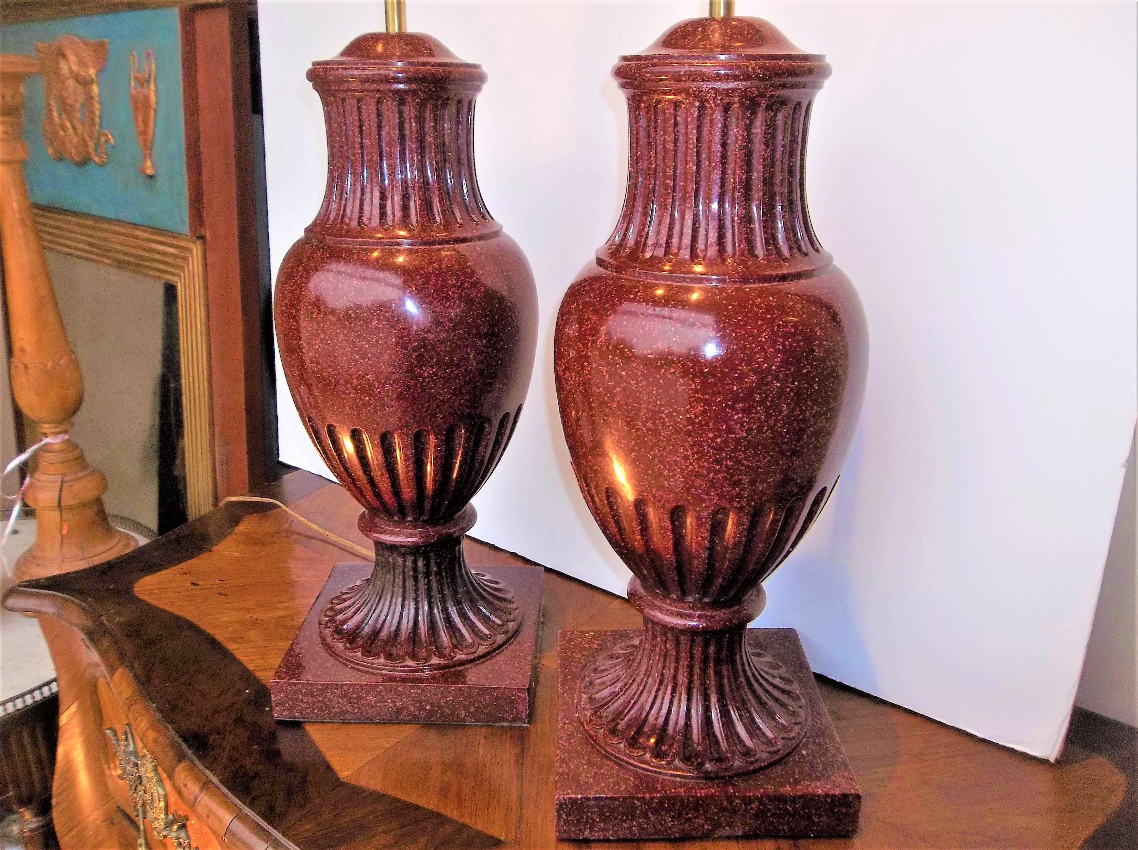 Regency Large Pair of Swedish Oxblood Faux Porphyry Urns Mounted as Lamps