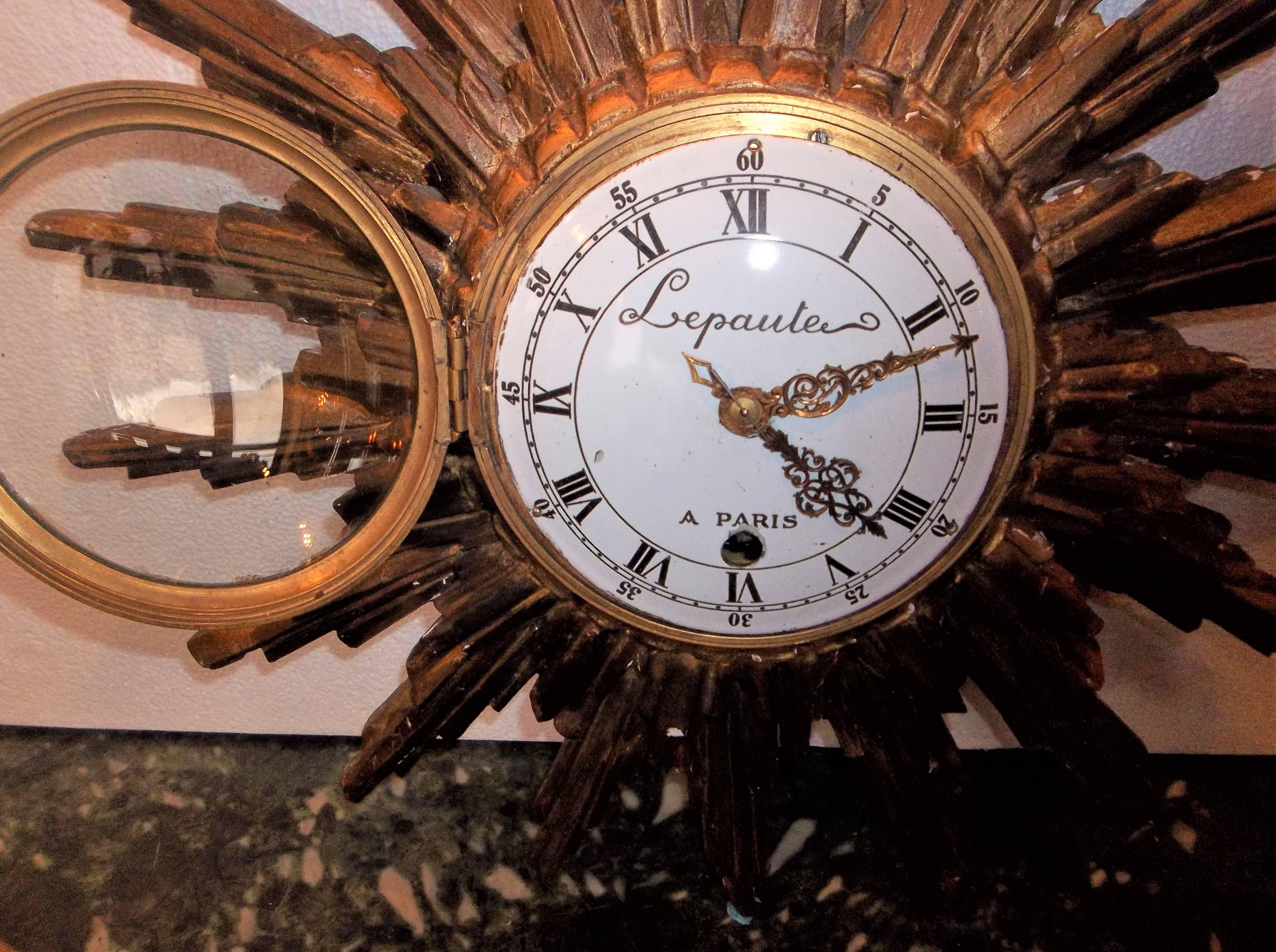 19th Century Carved Giltwood Sunburst with Clock Signed Lepaute a Paris