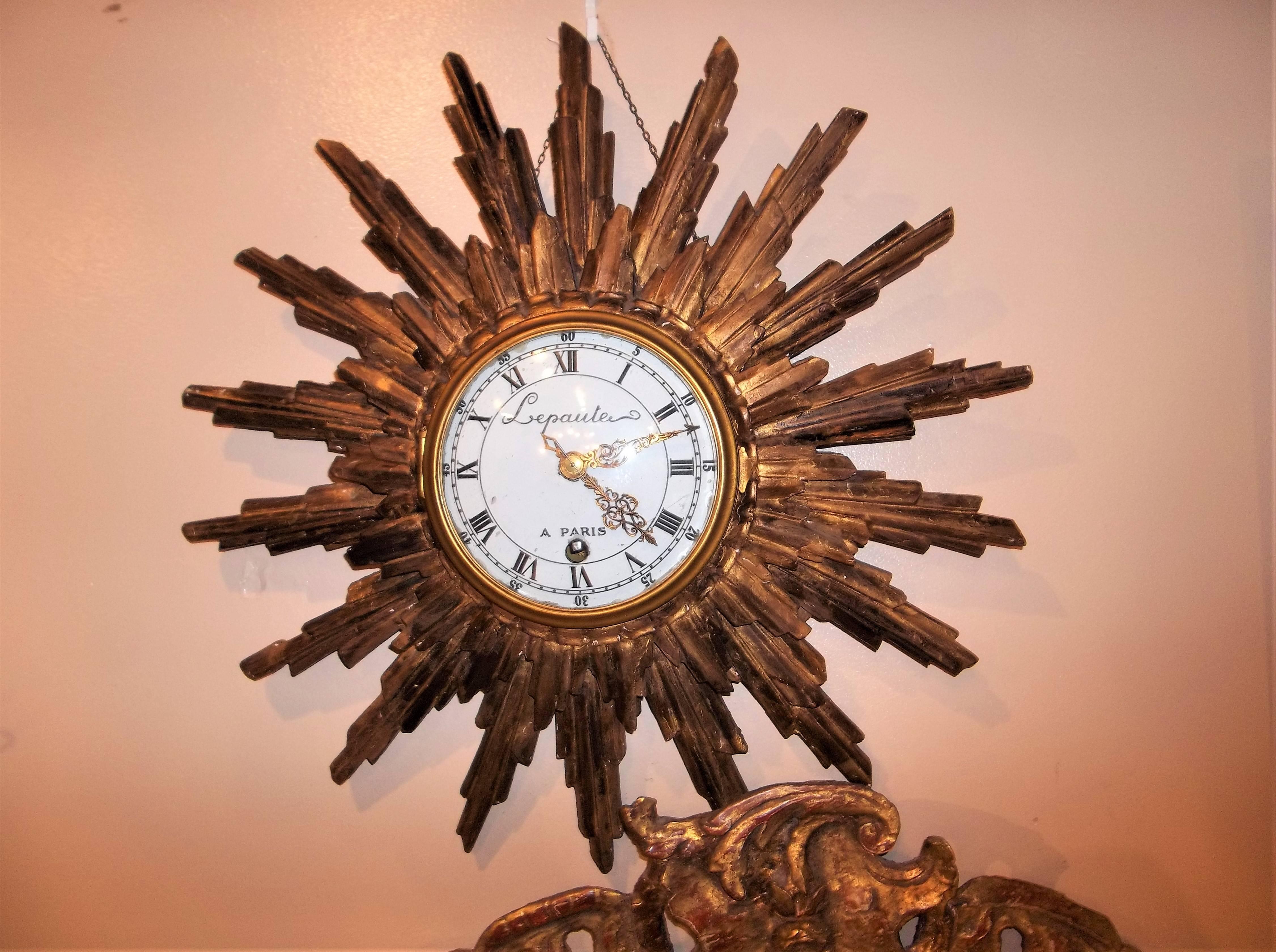 Louis XIV Carved Giltwood Sunburst with Clock Signed Lepaute a Paris