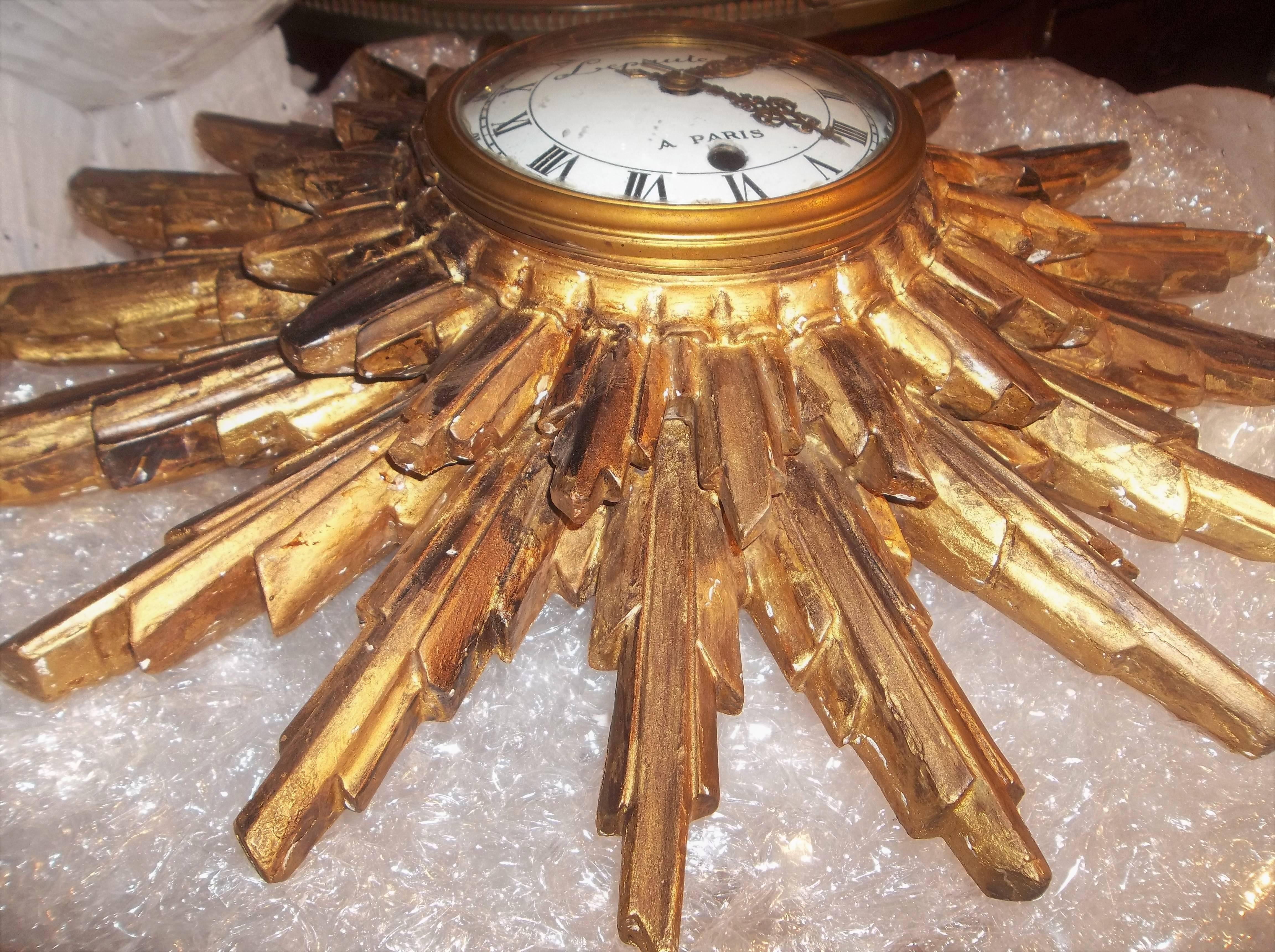 Carved Giltwood Sunburst with Clock Signed Lepaute a Paris 2