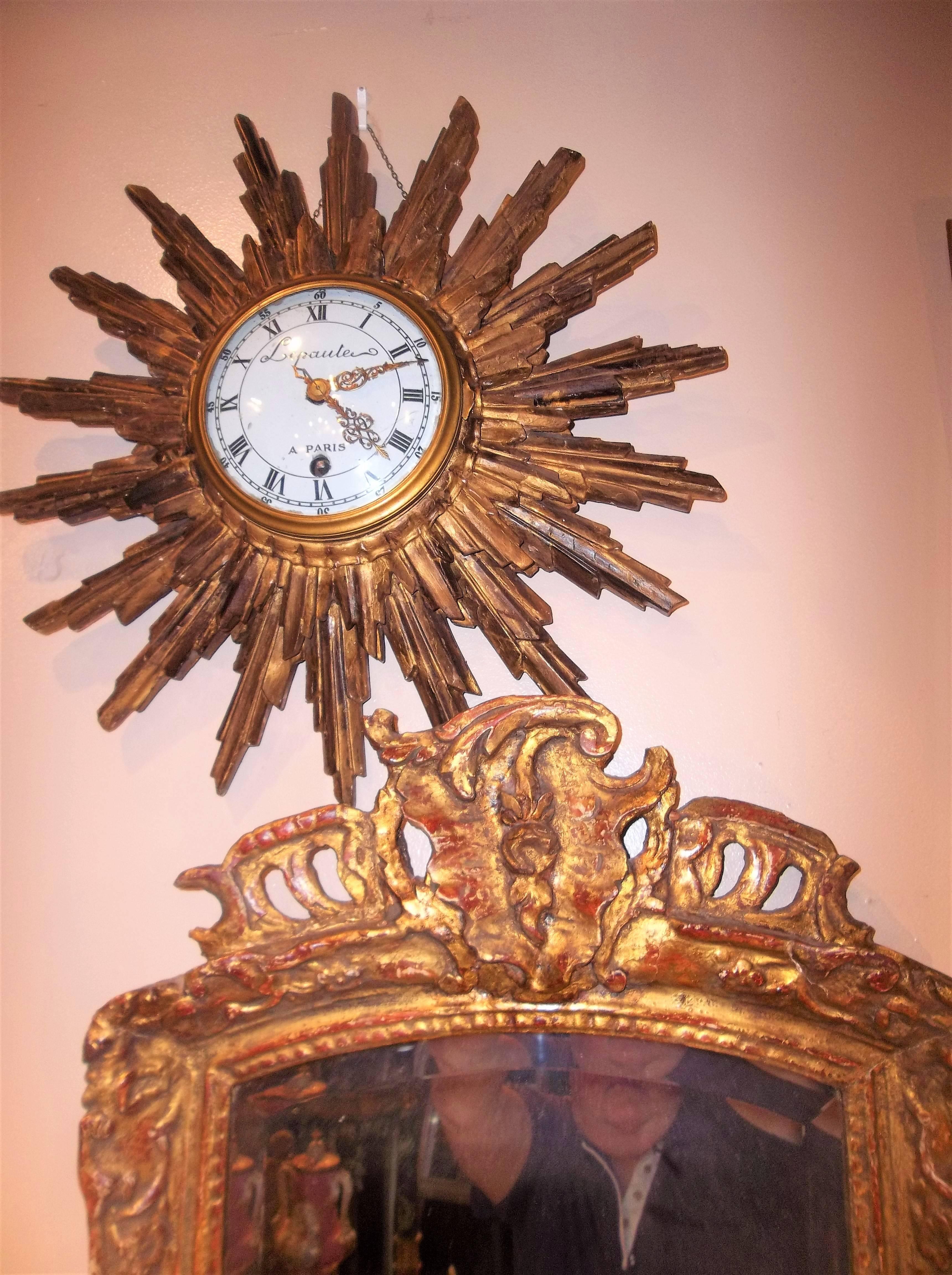 Carved Giltwood Sunburst with Clock Signed Lepaute a Paris 3