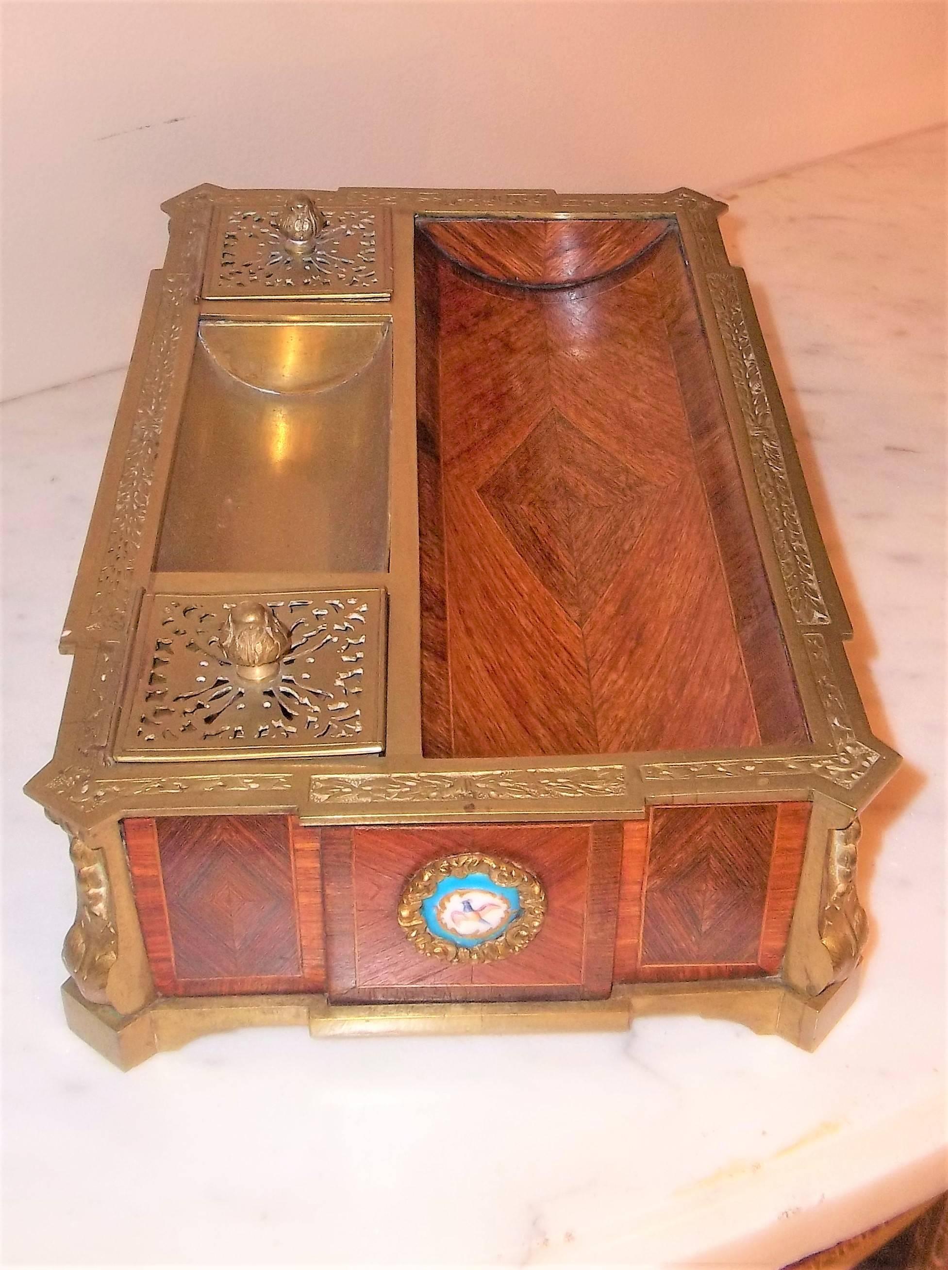 French Louis XVI Style Tulipwood Inkwell or Encrier with Sevres Style Plaques