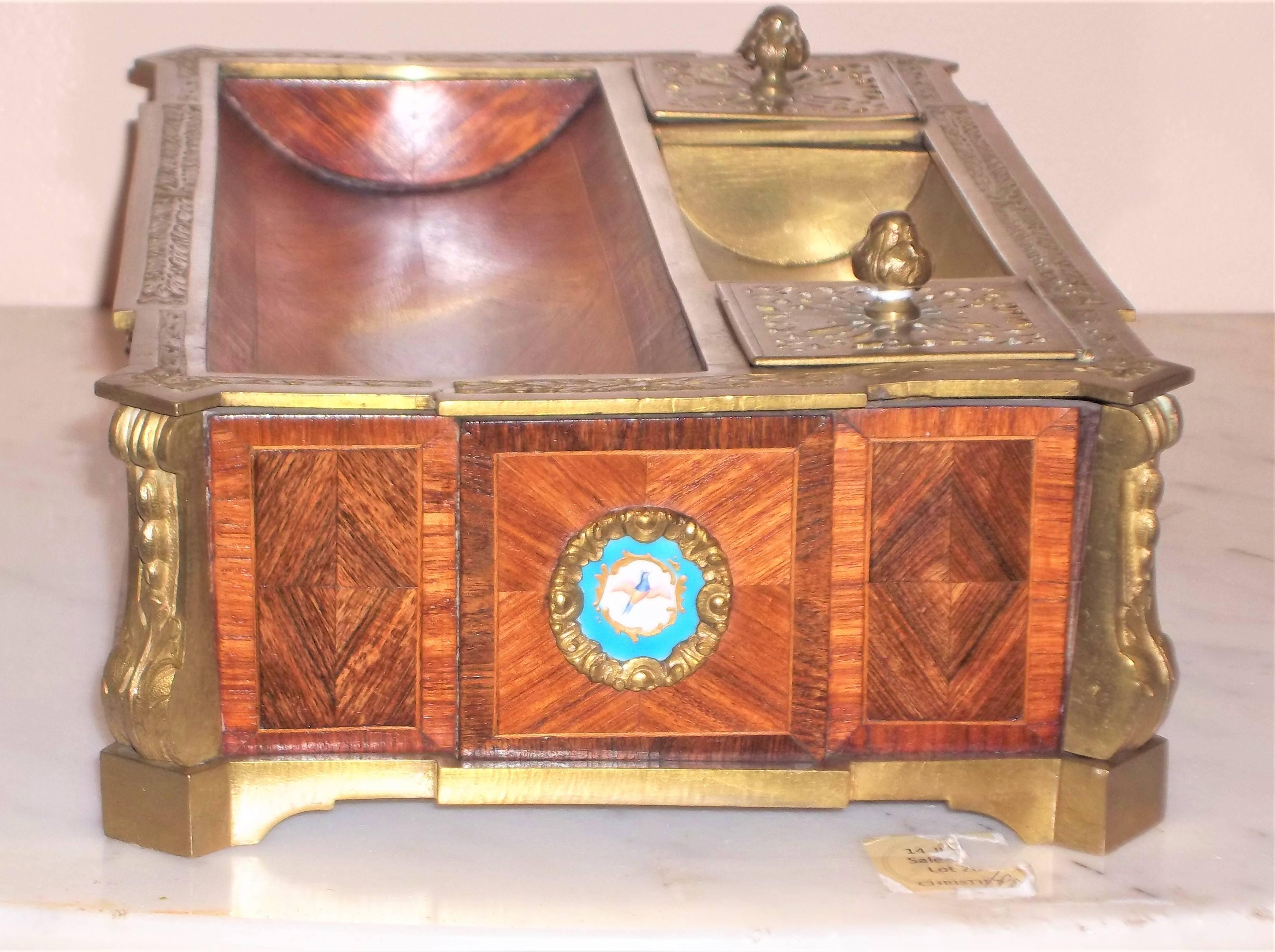 Louis XIV Louis XVI Style Tulipwood Inkwell or Encrier with Sevres Style Plaques
