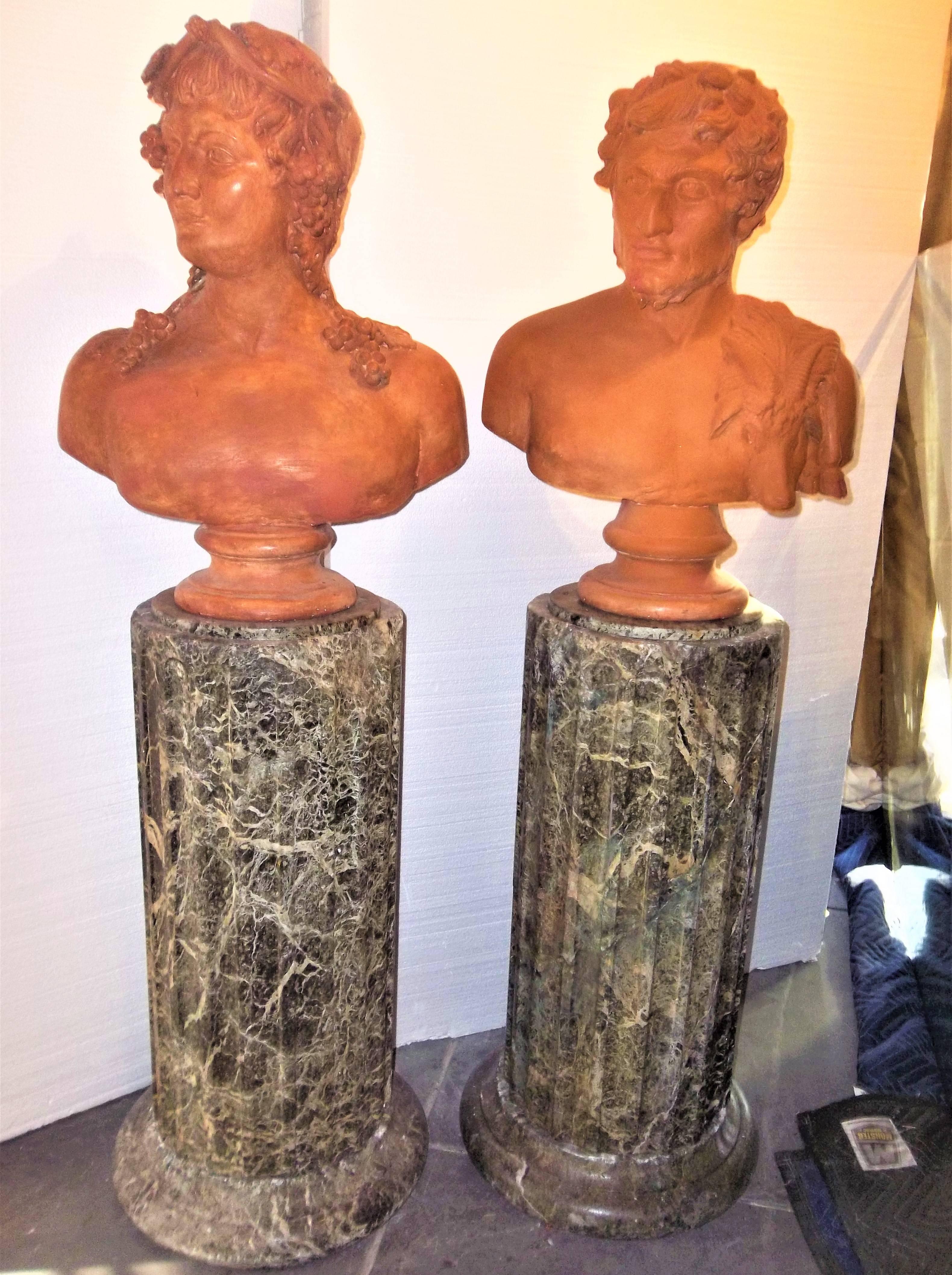 Pair of Fluted Hand Hewn Verde Antico Marble Pedestals 1