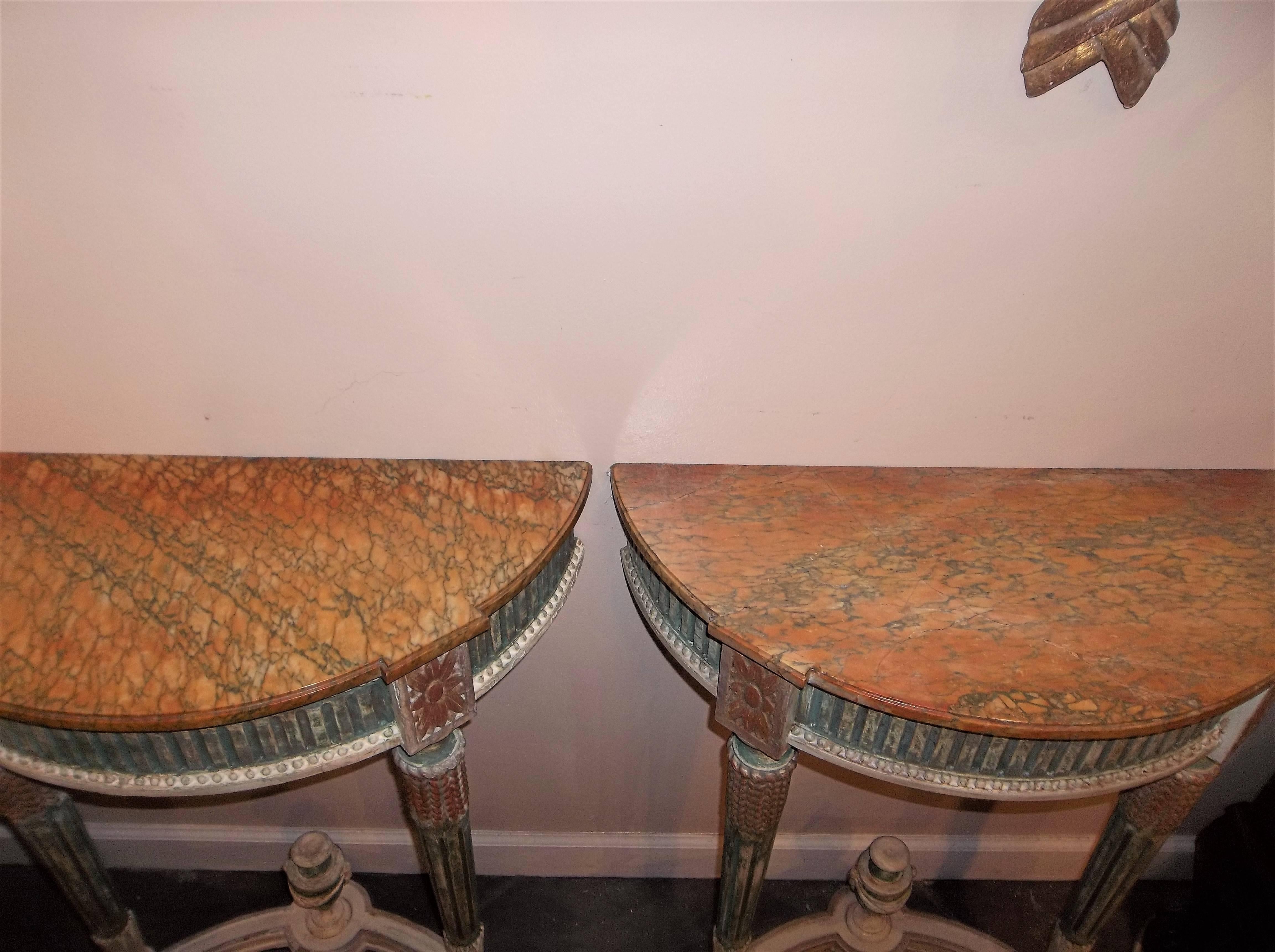Wood Pair of Distressed Paint Louis XVI Neoclassical Style Console Tables