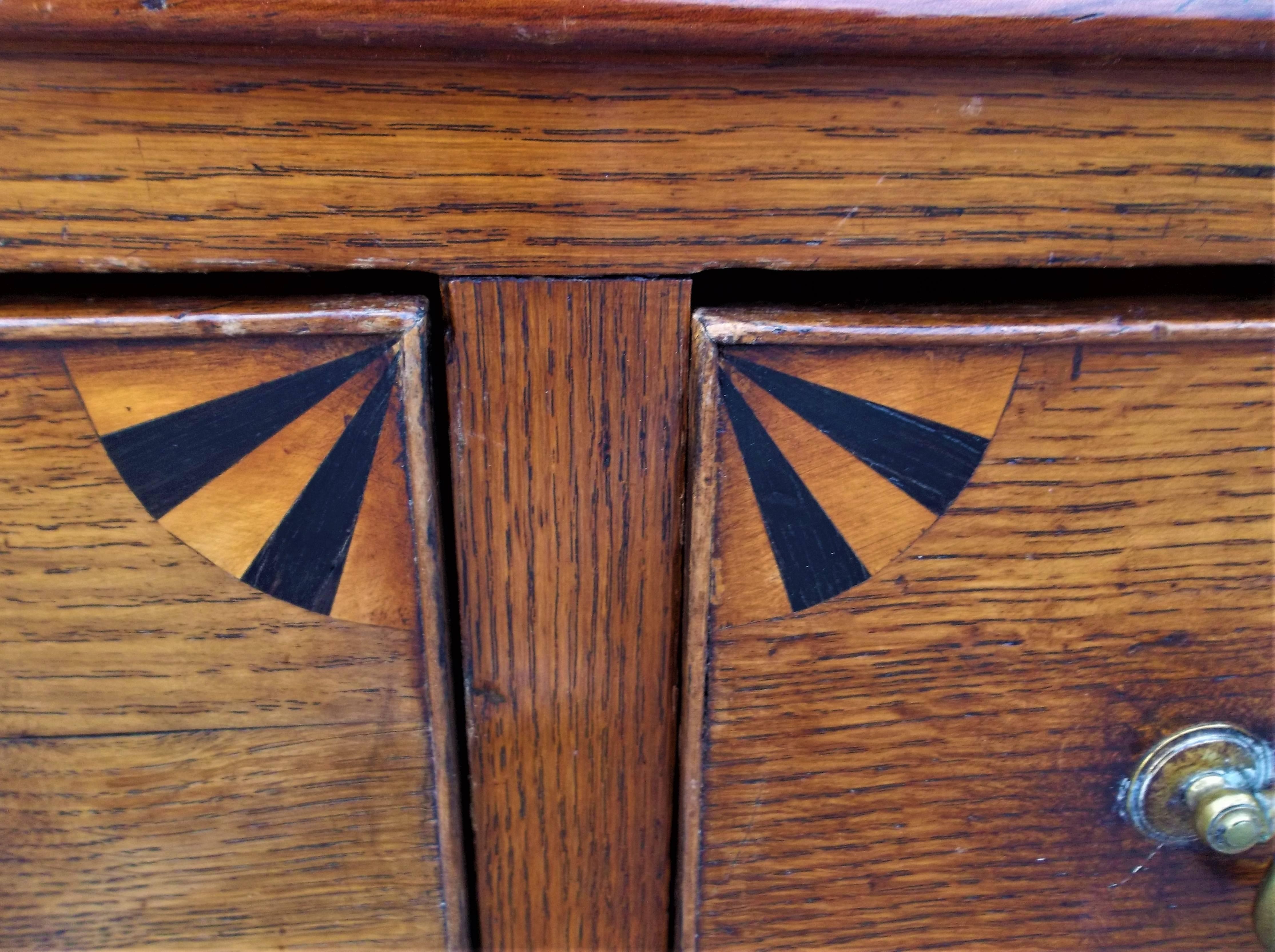 Georgian Tall Welsh or English Fan Inlaid Oak and Mahogany Dresser Base or Sideboard