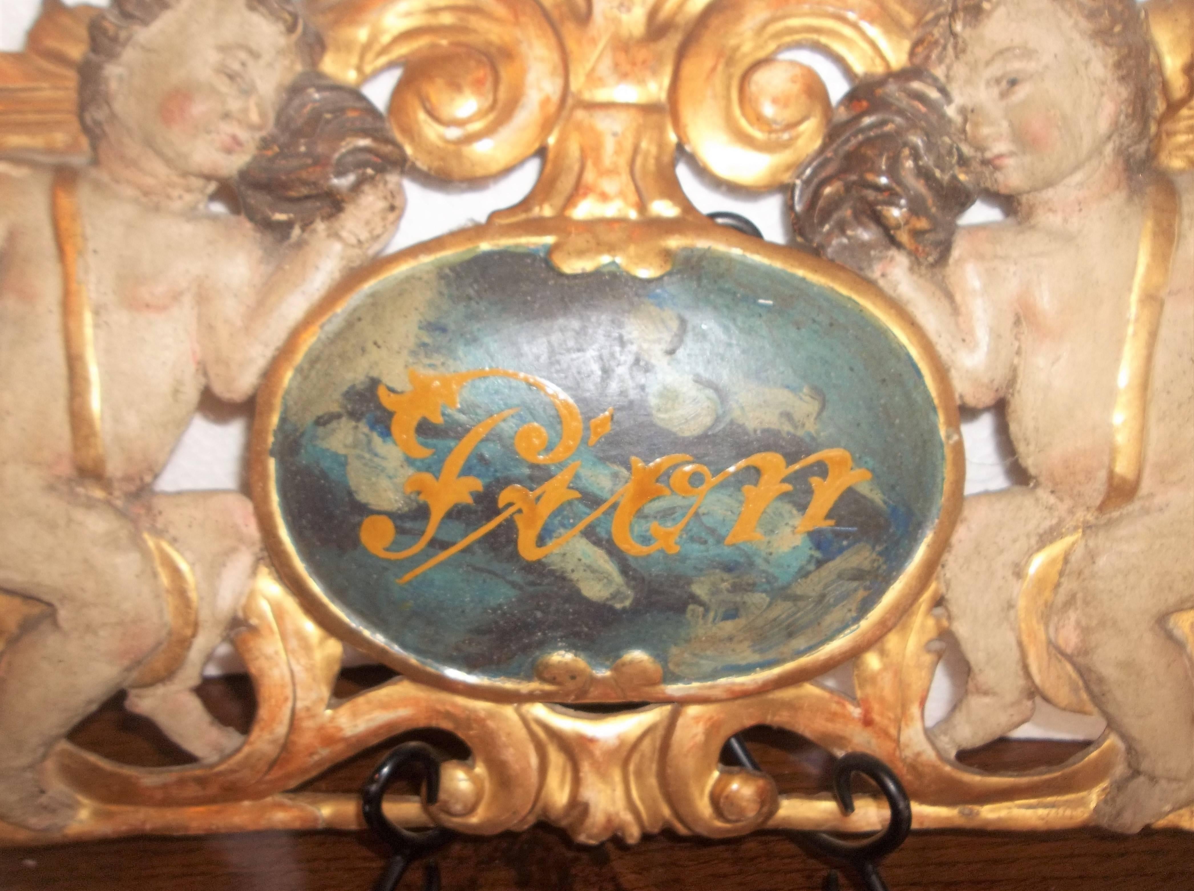 Louis XV Giltwood and Painted Overdoor Panel Fragment with Cherub Motif