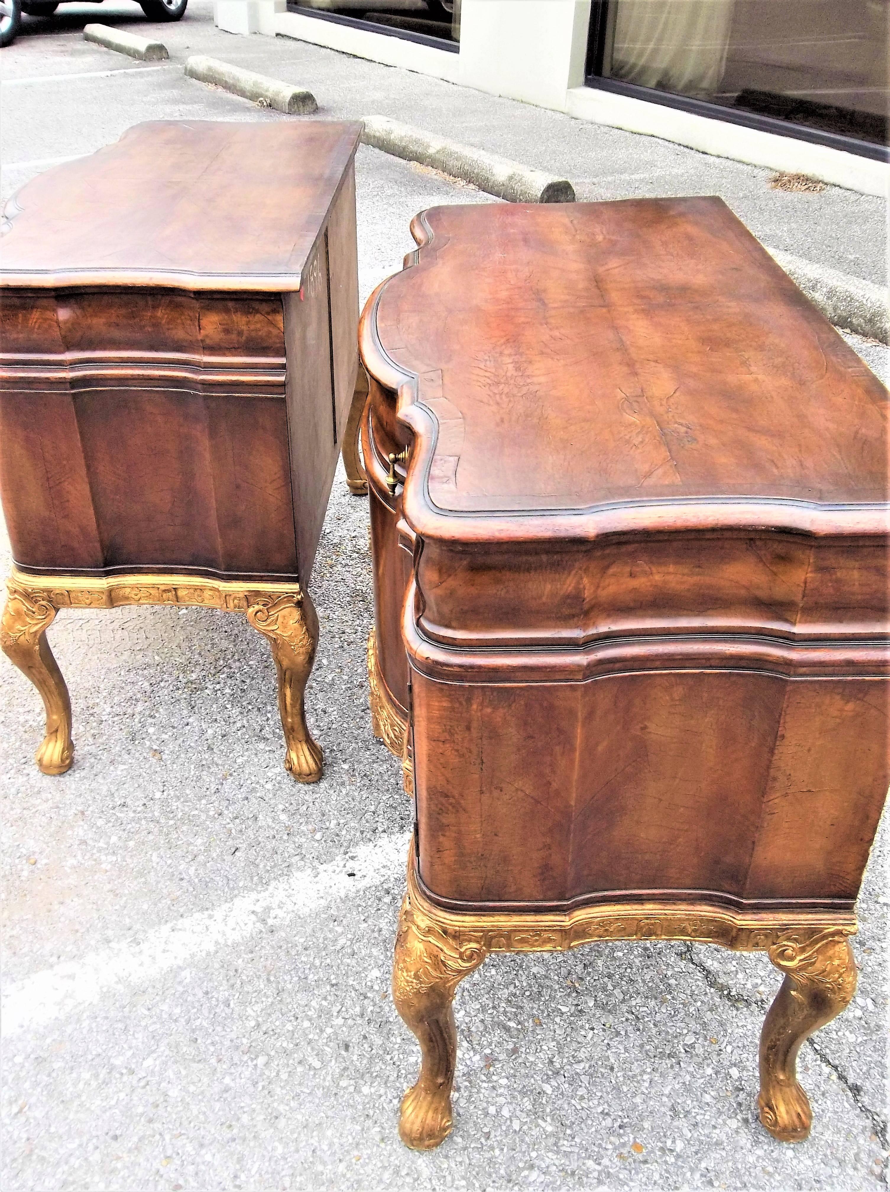 Pair of English Burl Walnut and Giltwood Console Chests 1