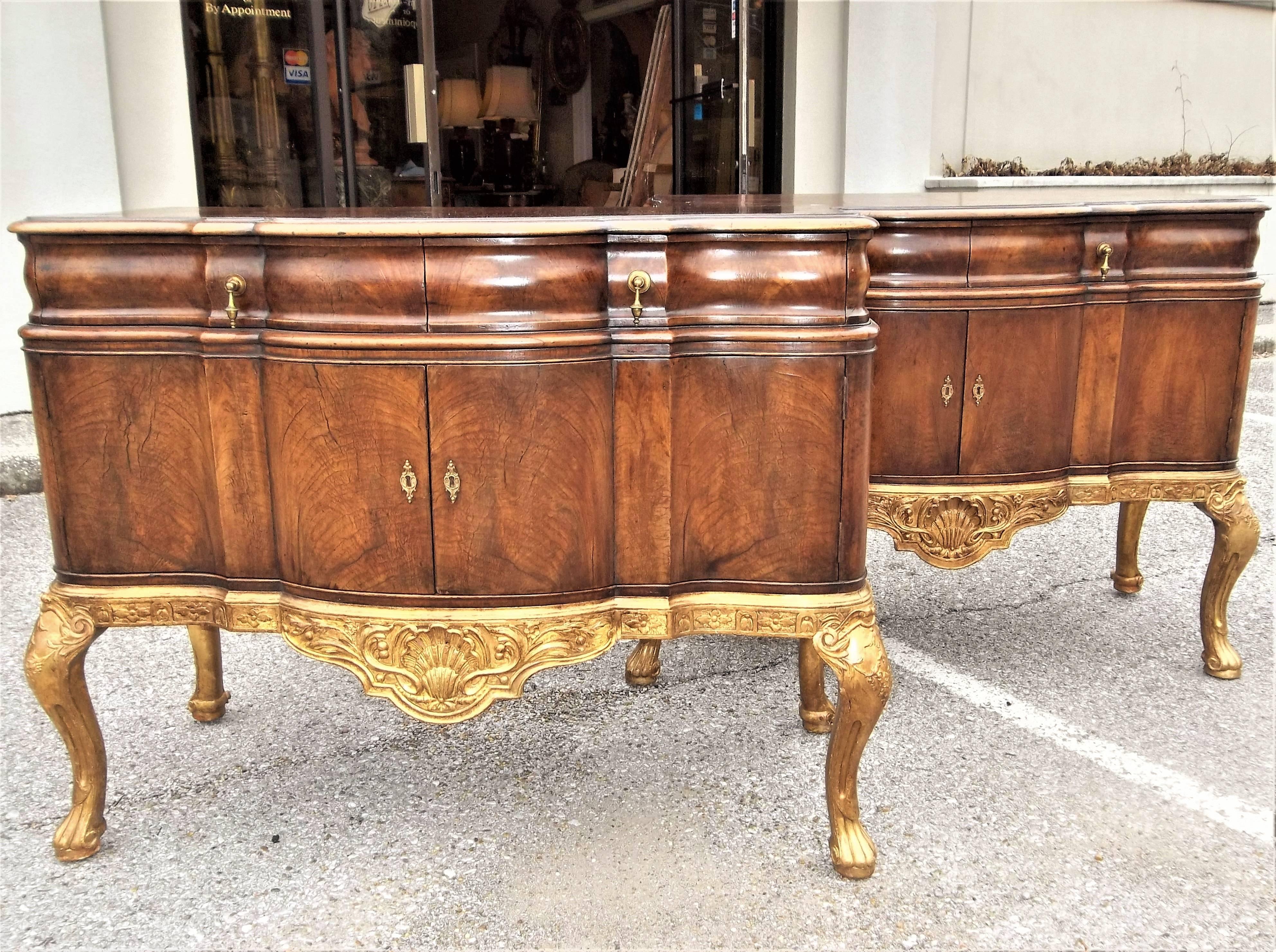 Pair of English Burl Walnut and Giltwood Console Chests 5