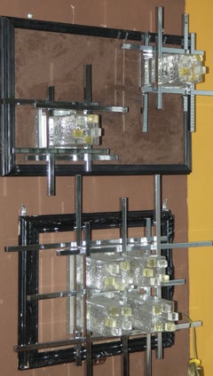Set of 3 Murano glass and steel wall sconces, Italy, 1960s