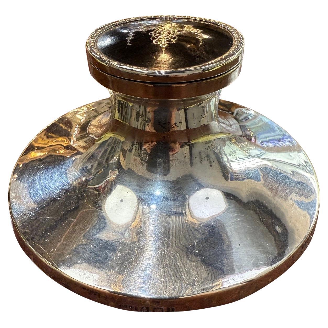 English 20th Century Sterling Silver and Tortoise Shell Inkwell For Sale
